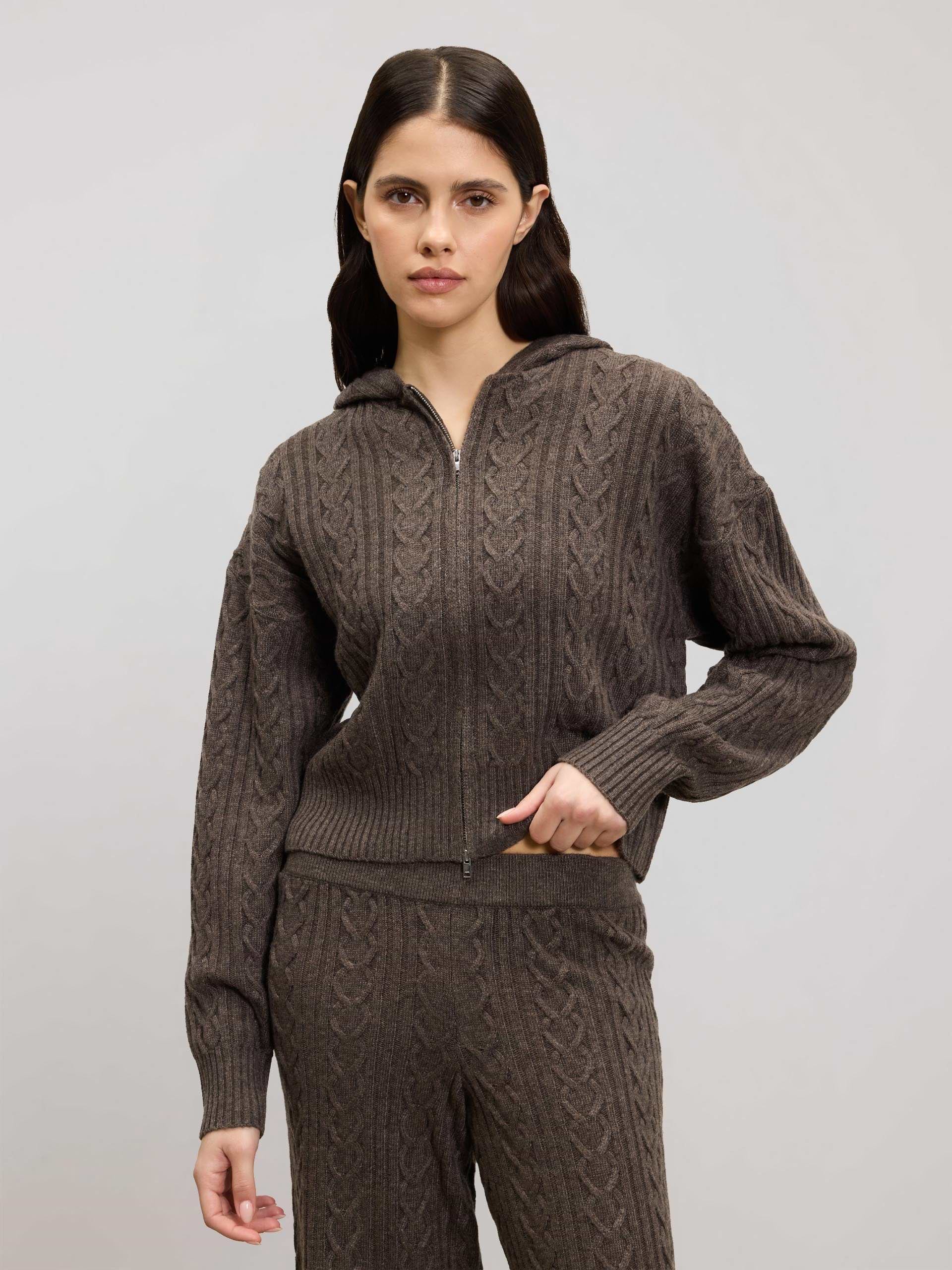 Womens Cable Knit Zip Hoodie in Taupe Marl