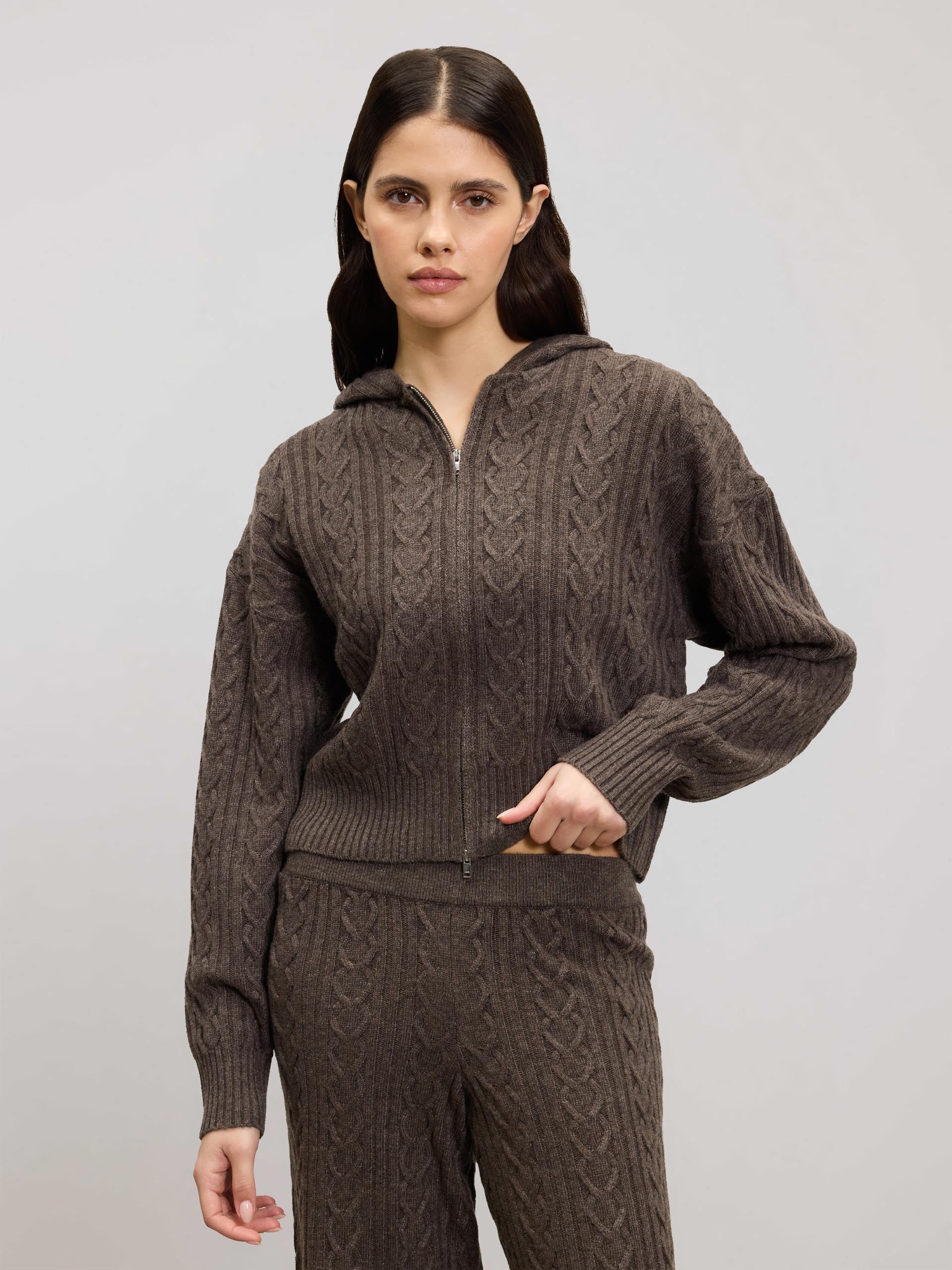 Womens Cable Knit Zip Hoodie in Taupe Marl