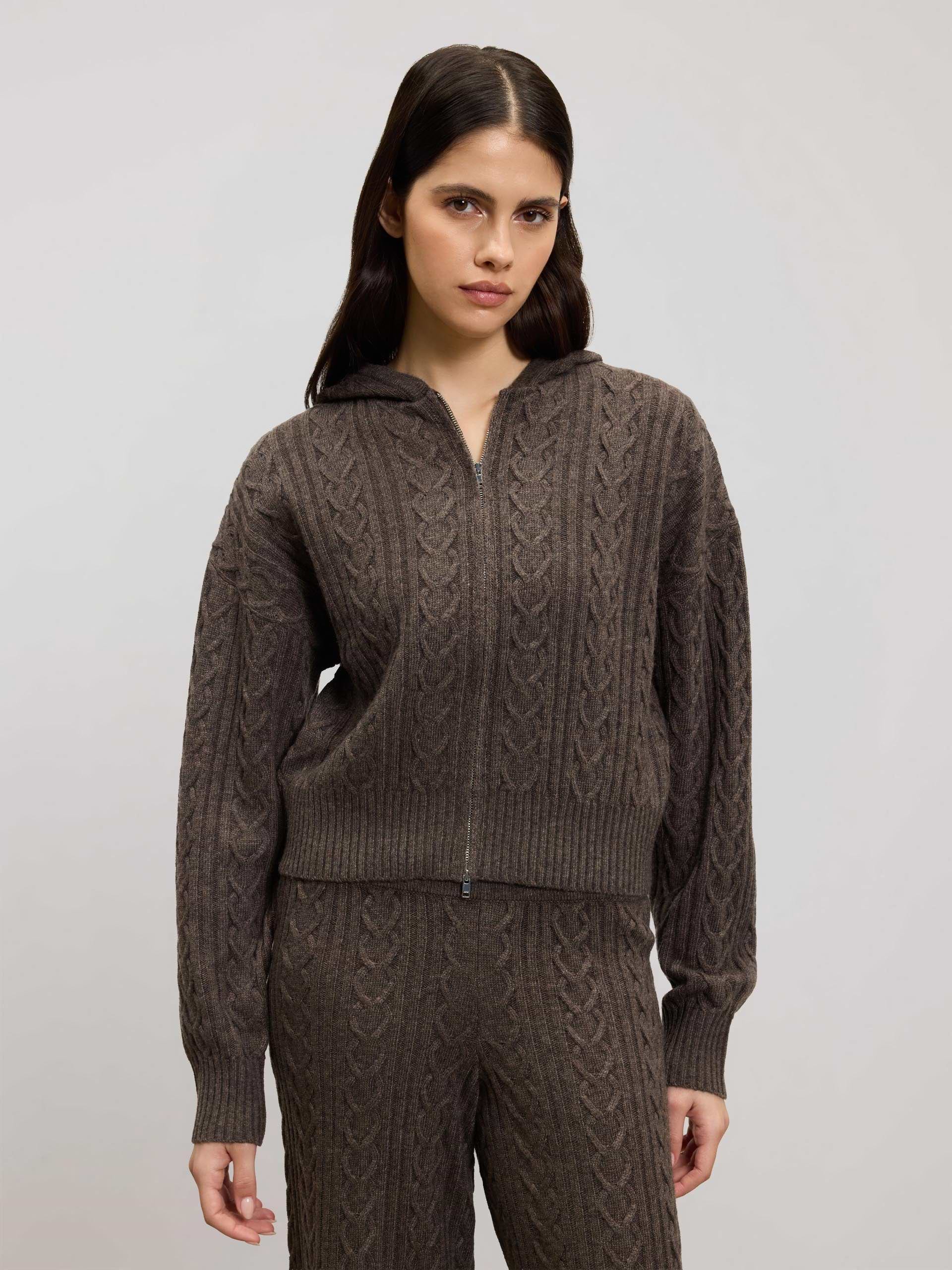 Womens Cable Knit Zip Hoodie in Taupe Marl