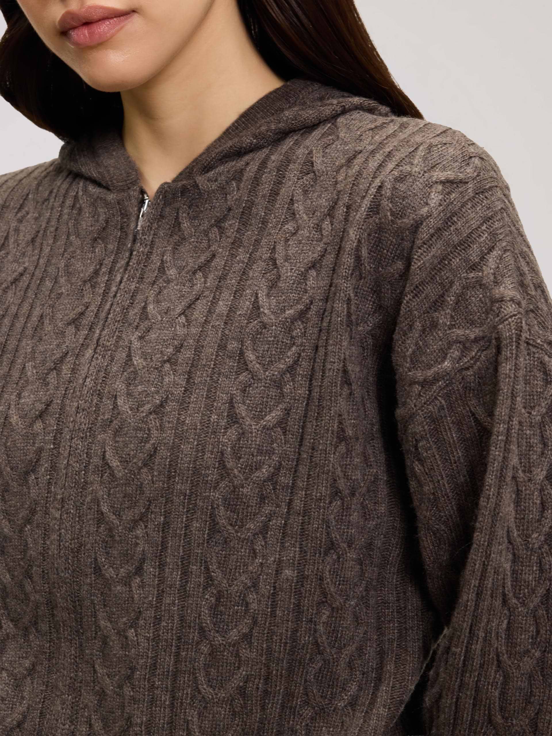 Womens Cable Knit Zip Hoodie in Taupe Marl