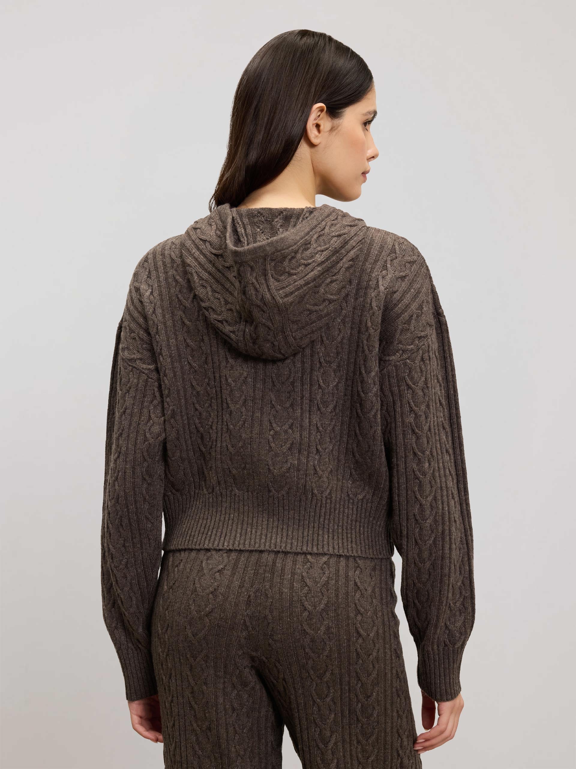 Womens Cable Knit Zip Hoodie in Taupe Marl