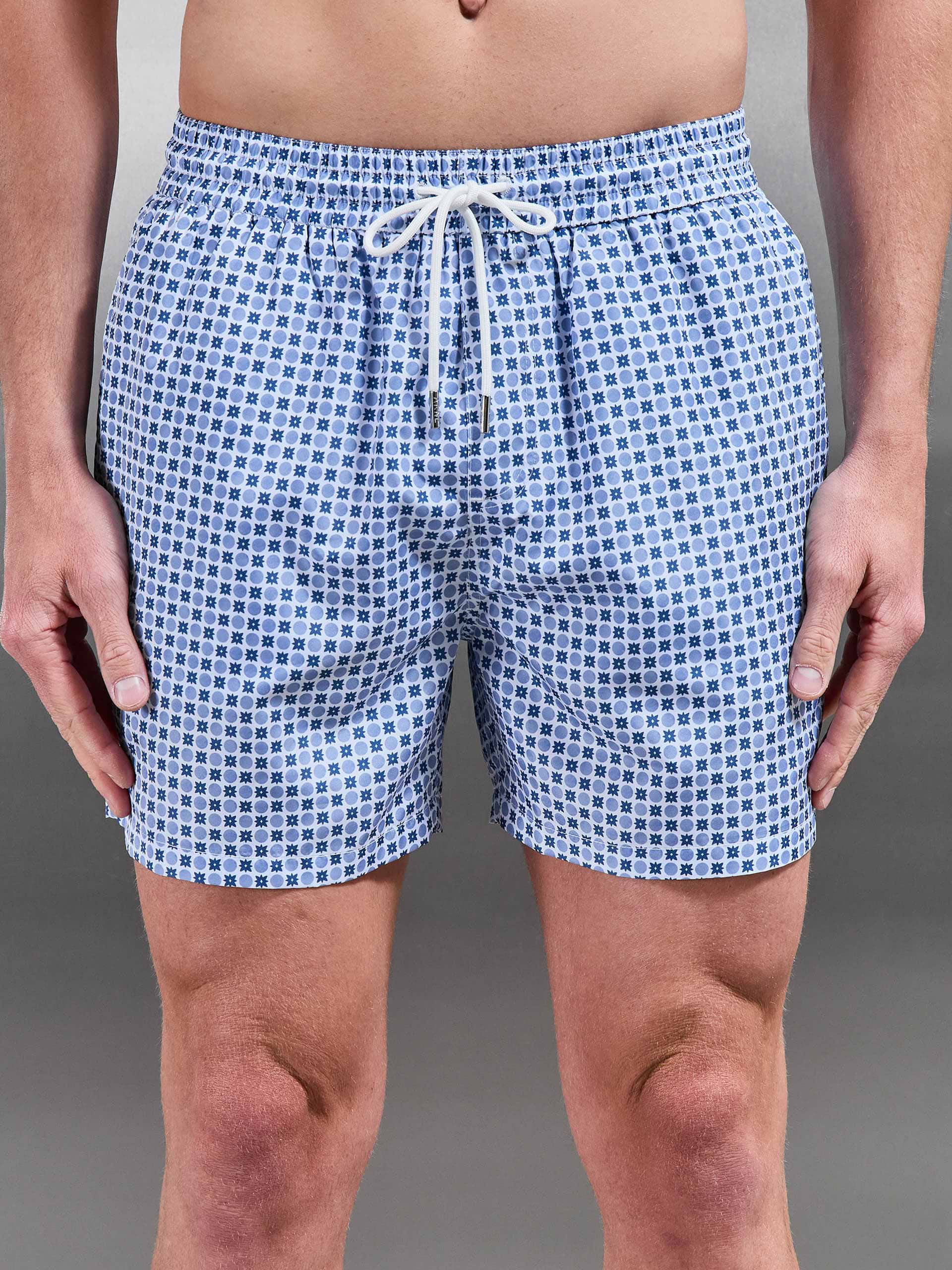 Capri Drawstring Printed Shell Swim Short in Light Blue