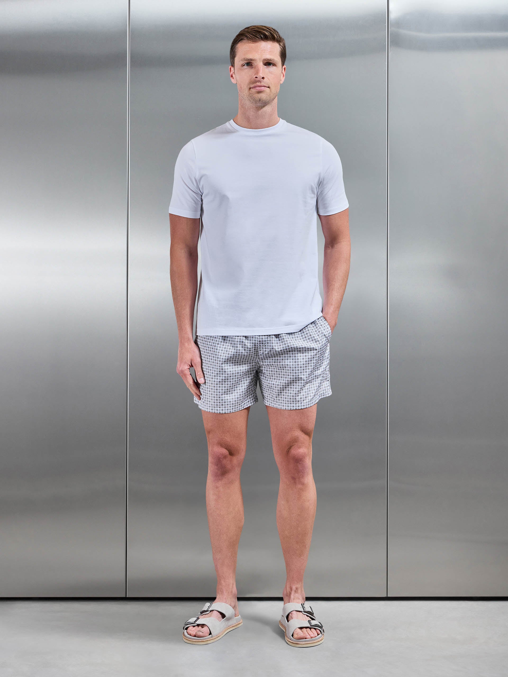 Capri Drawstring Printed Shell Swim Short in Taupe