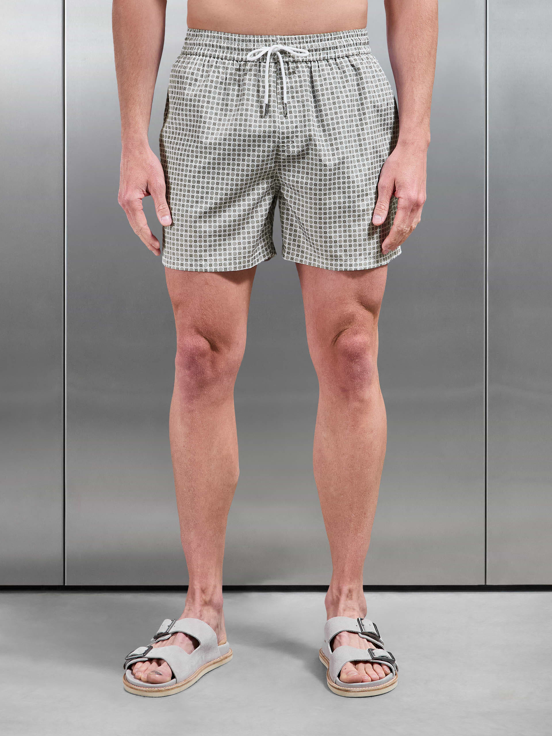 Capri Drawstring Printed Shell Swim Short in Taupe