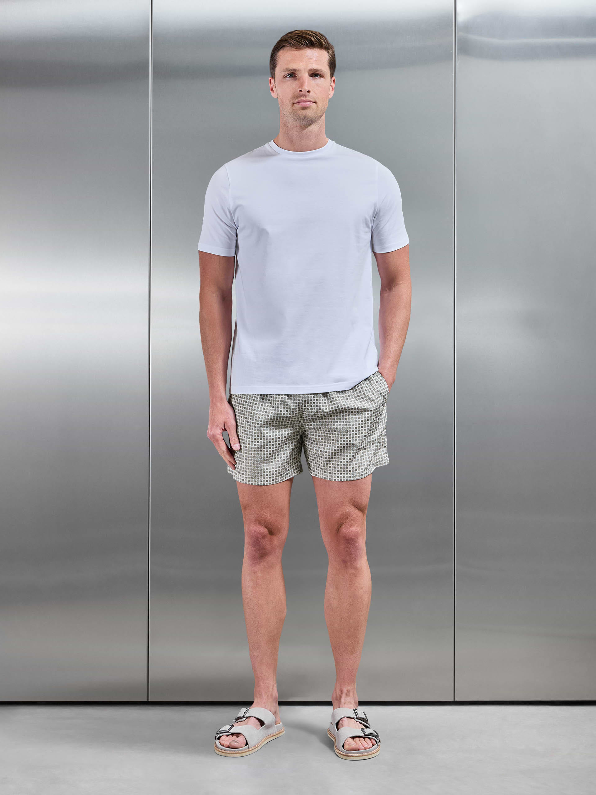 Capri Drawstring Printed Shell Swim Short in Taupe