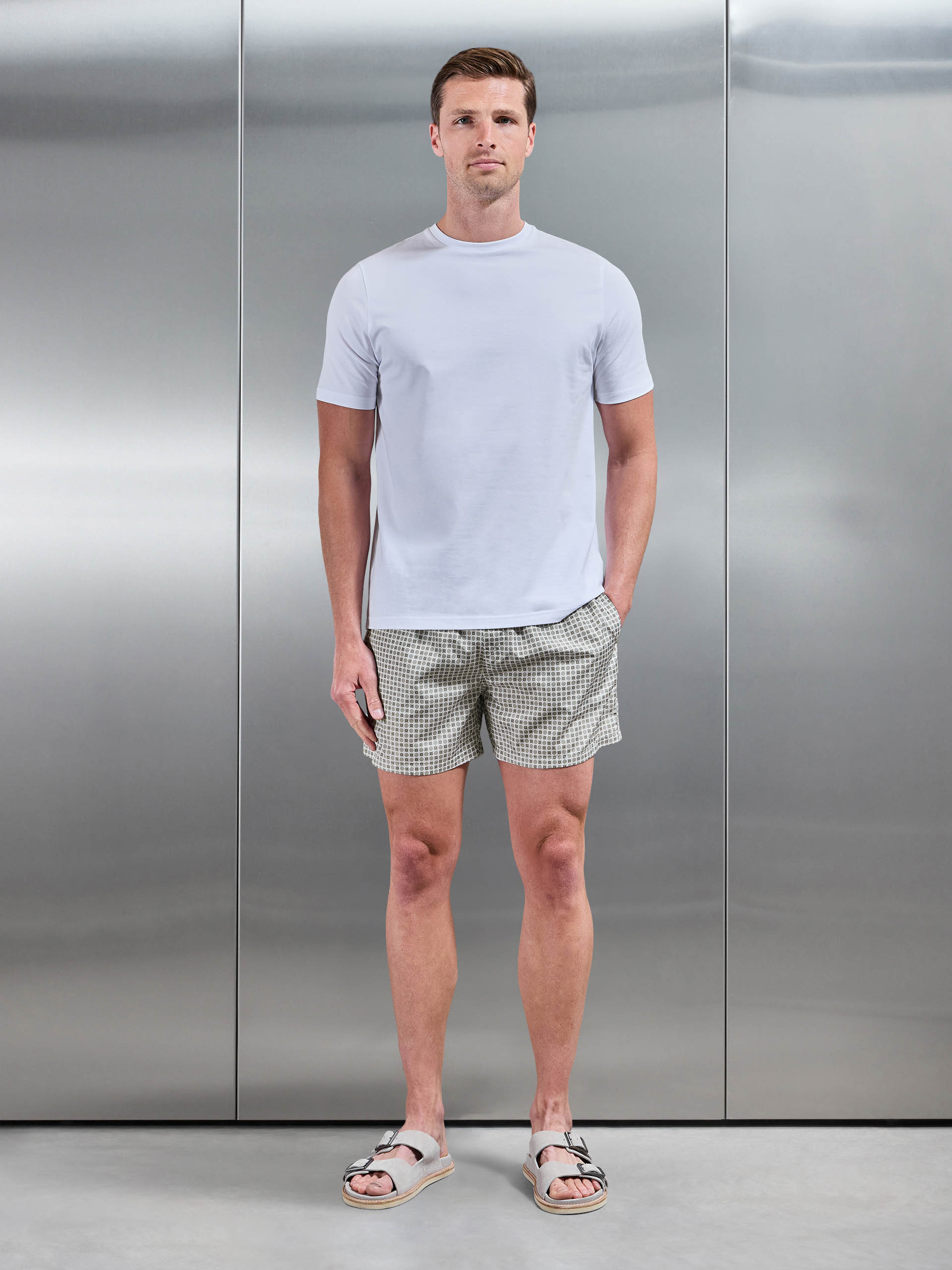 Capri Drawstring Printed Shell Swim Short in Taupe