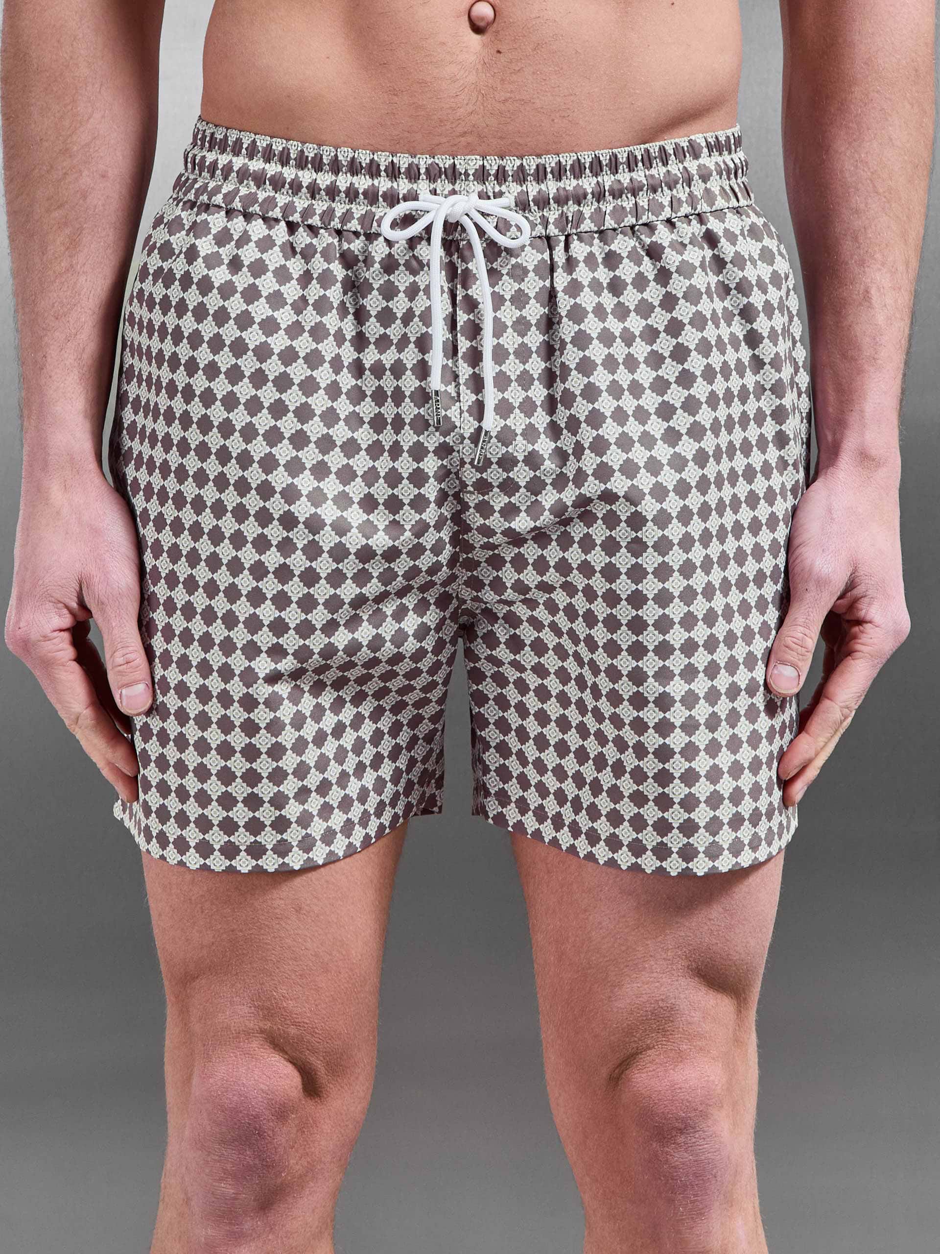 Casa Drawstring Printed Swim Short in Taupe