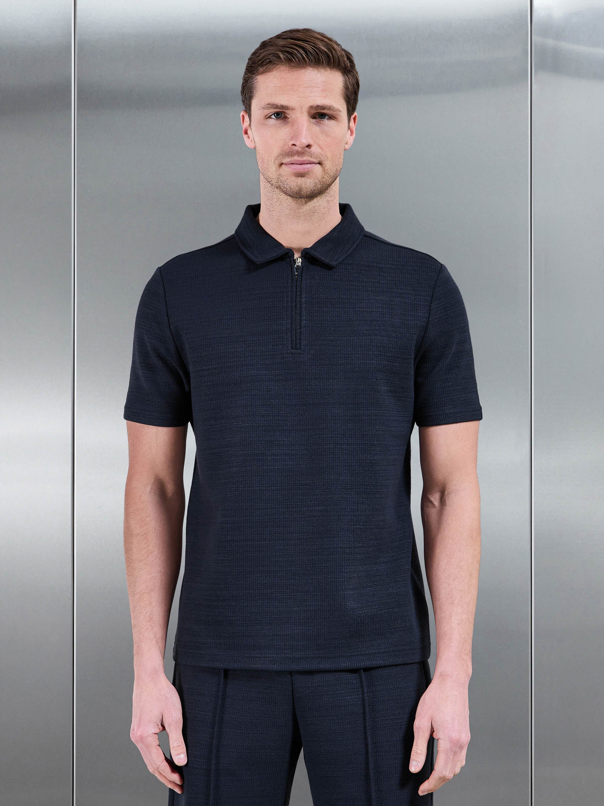 Cavour Textured Zip Polo Shirt in Navy