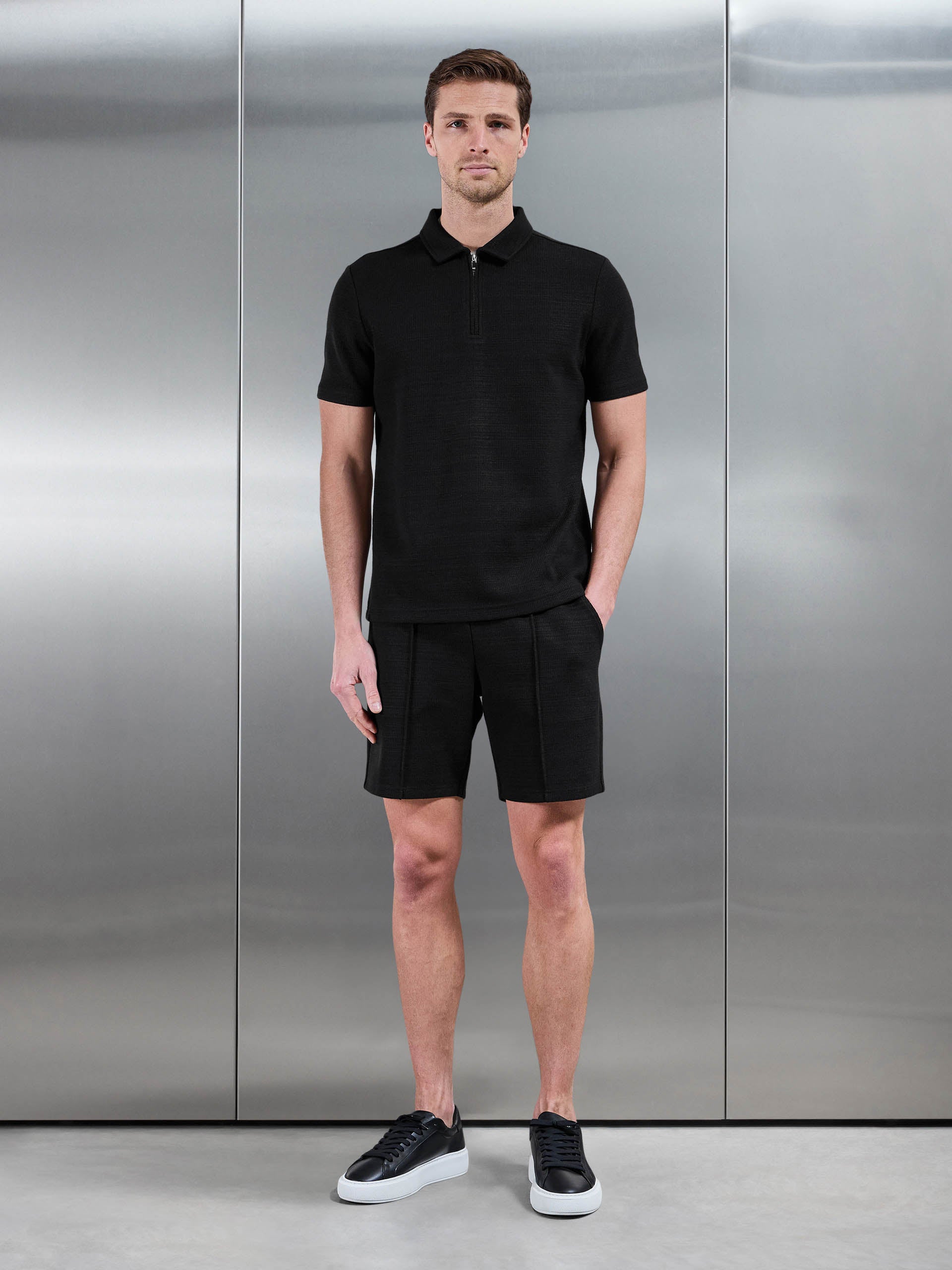 Cavour Textured Zip Polo Shirt in Black