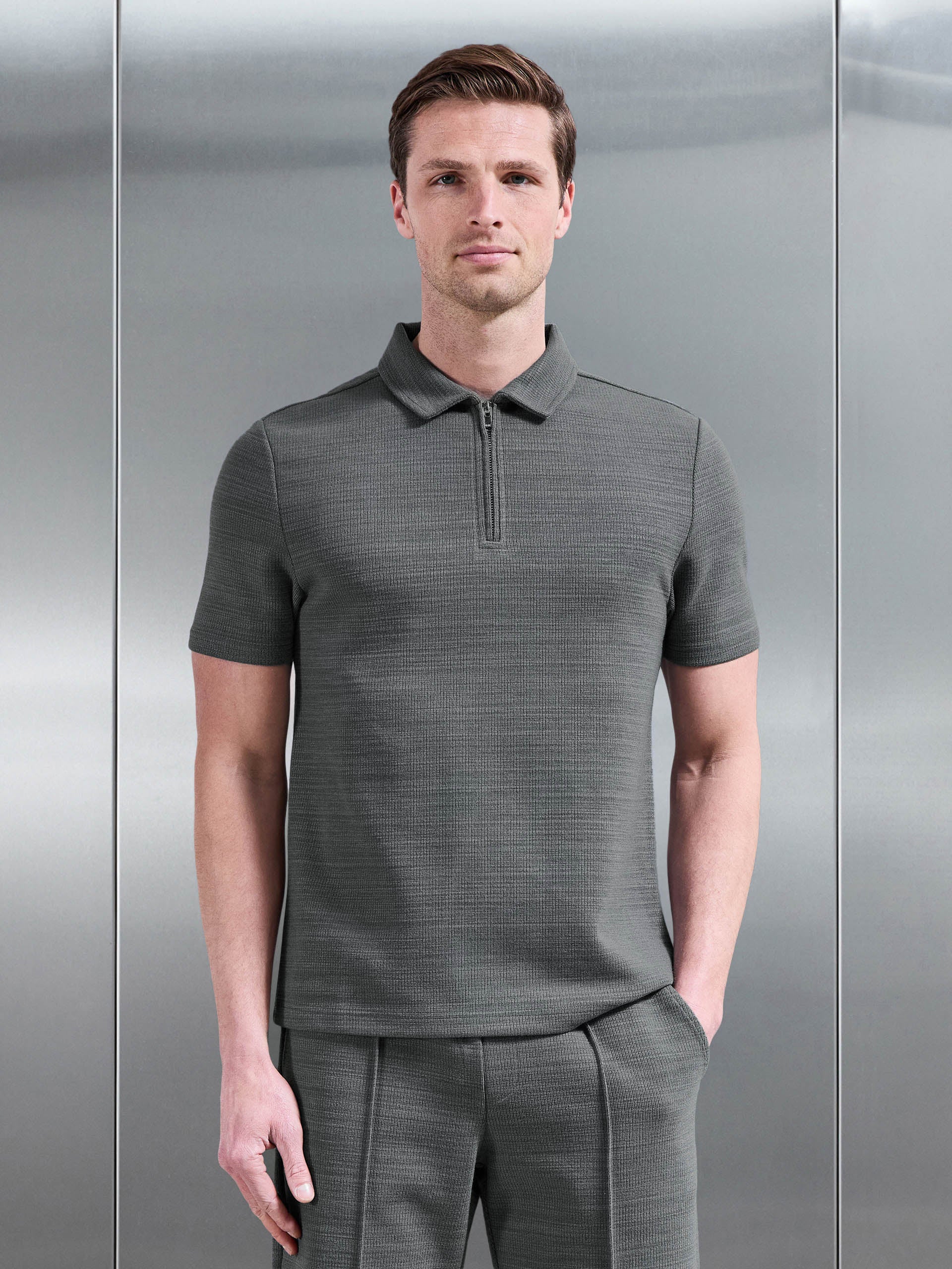 Cavour Textured Zip Polo Shirt in Grey
