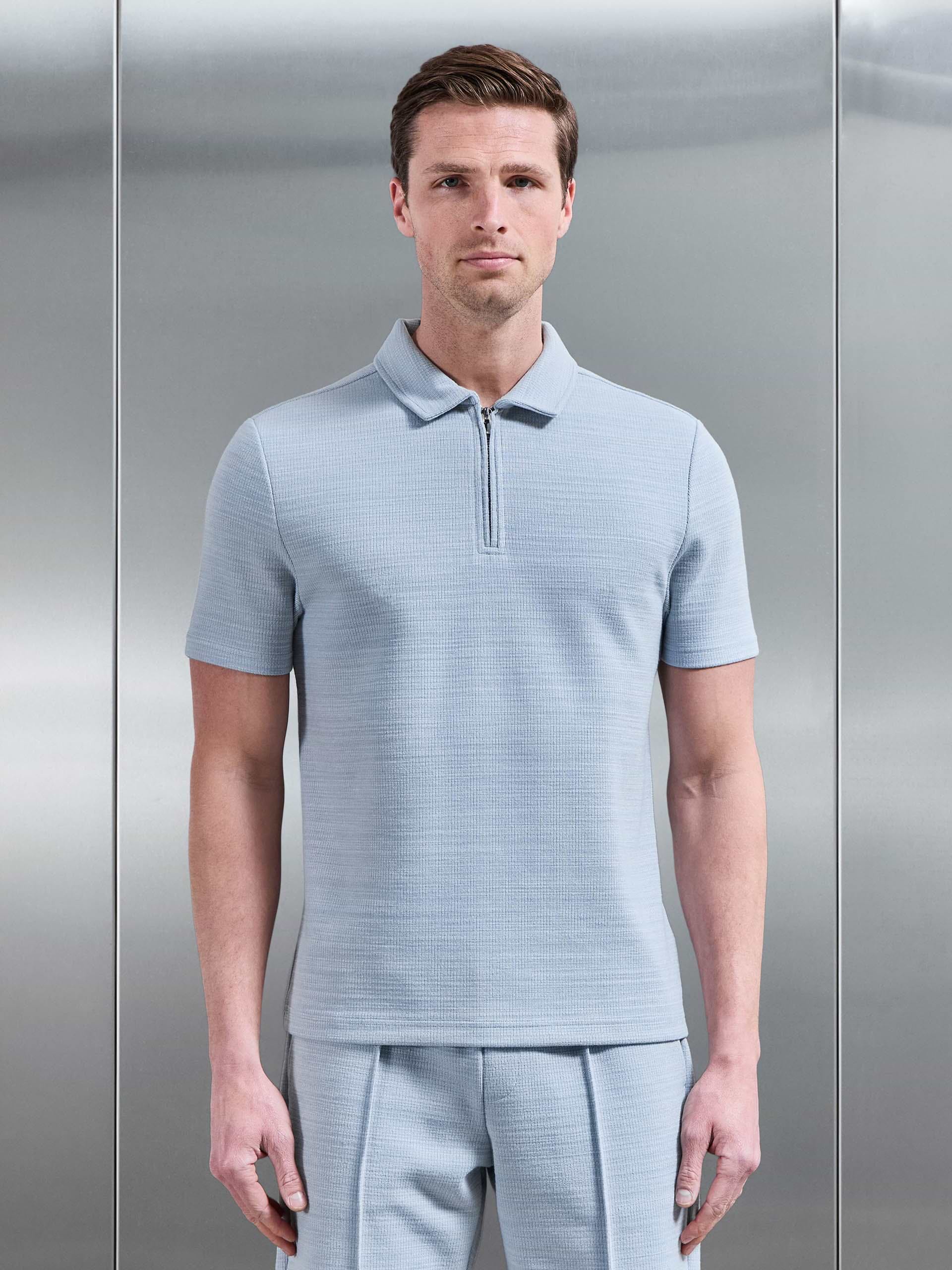 Cavour Textured Zip Polo Shirt in Soft Blue