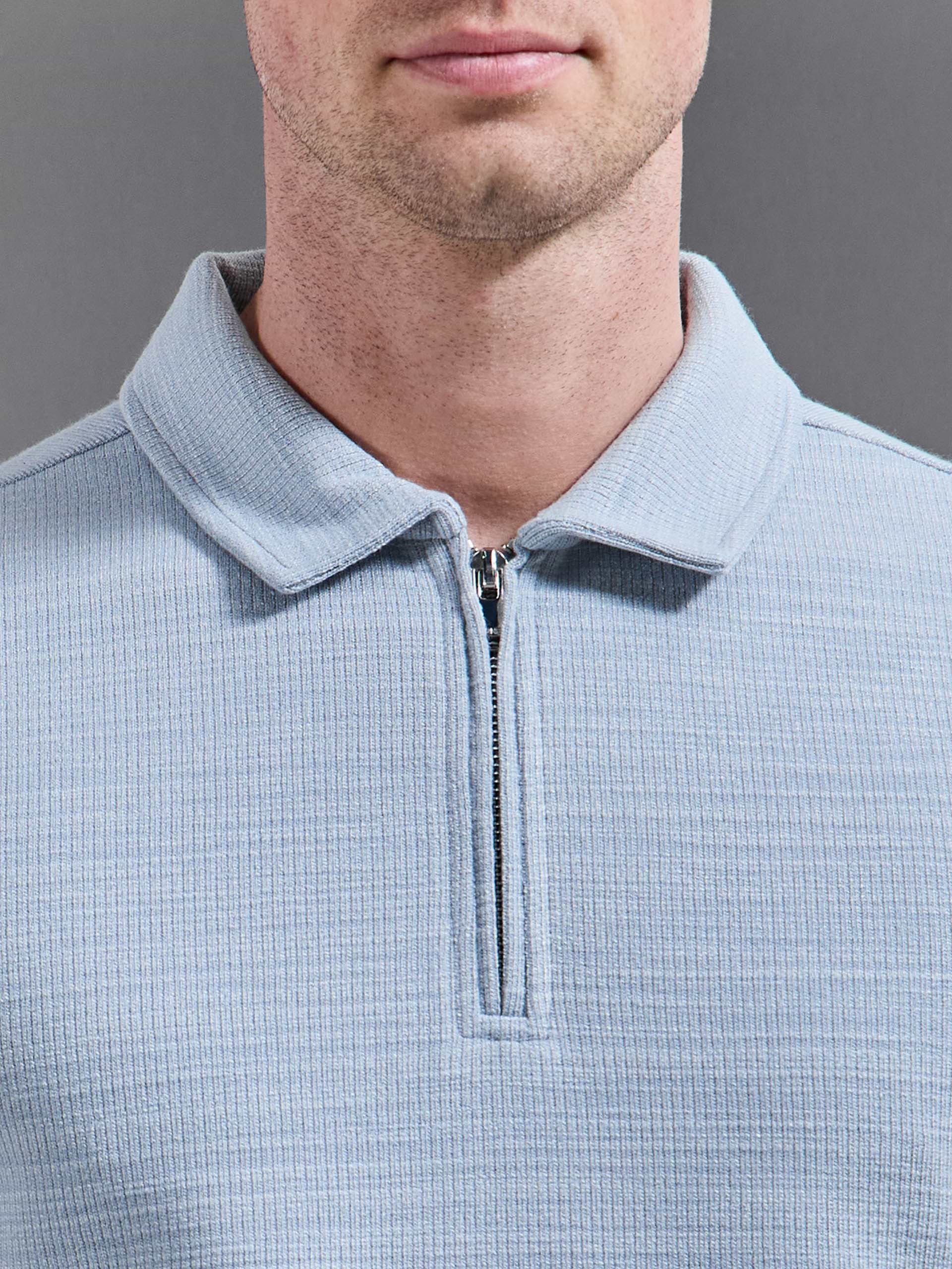 Cavour Textured Zip Polo Shirt in Soft Blue