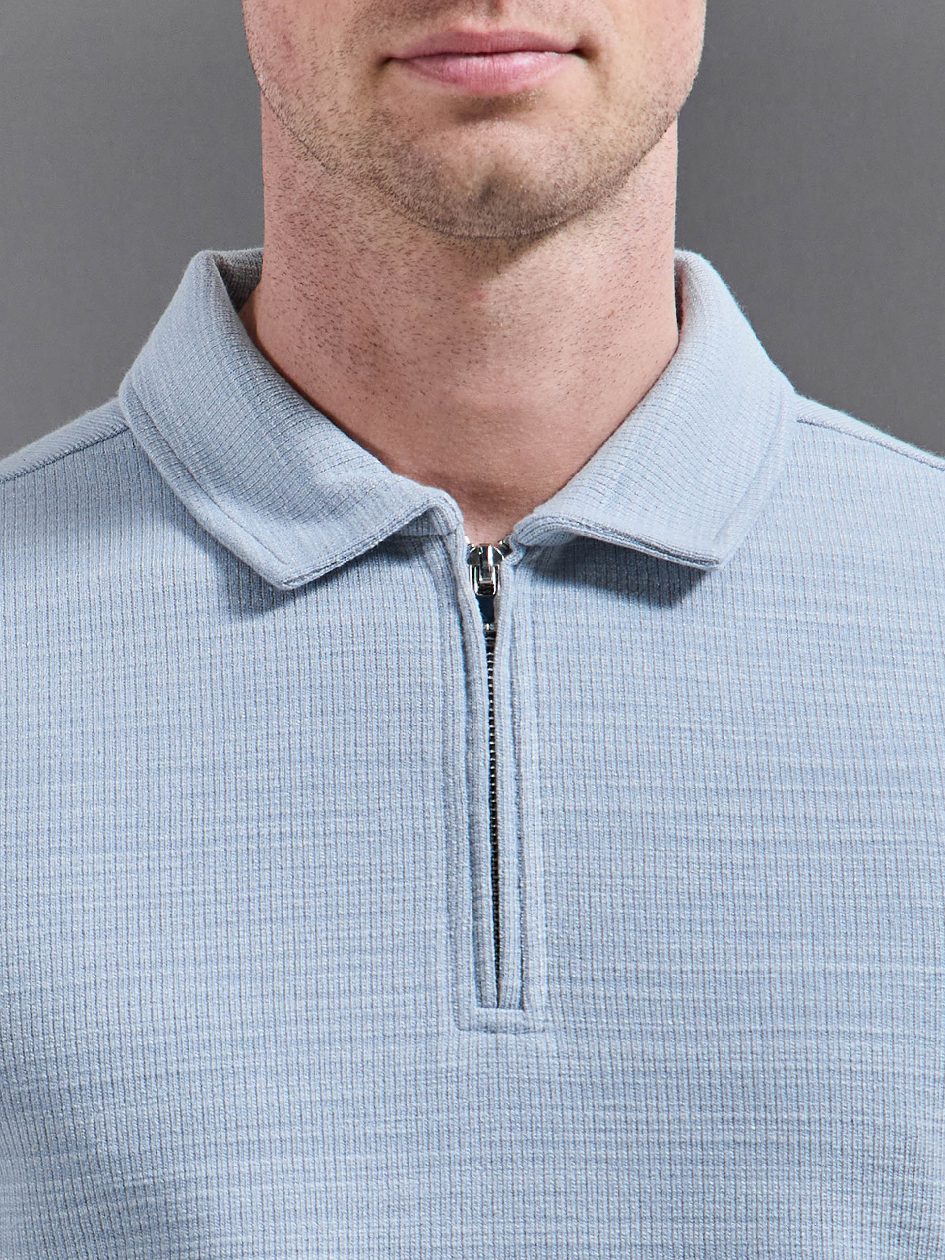 Cavour Textured Zip Polo Shirt in Soft Blue