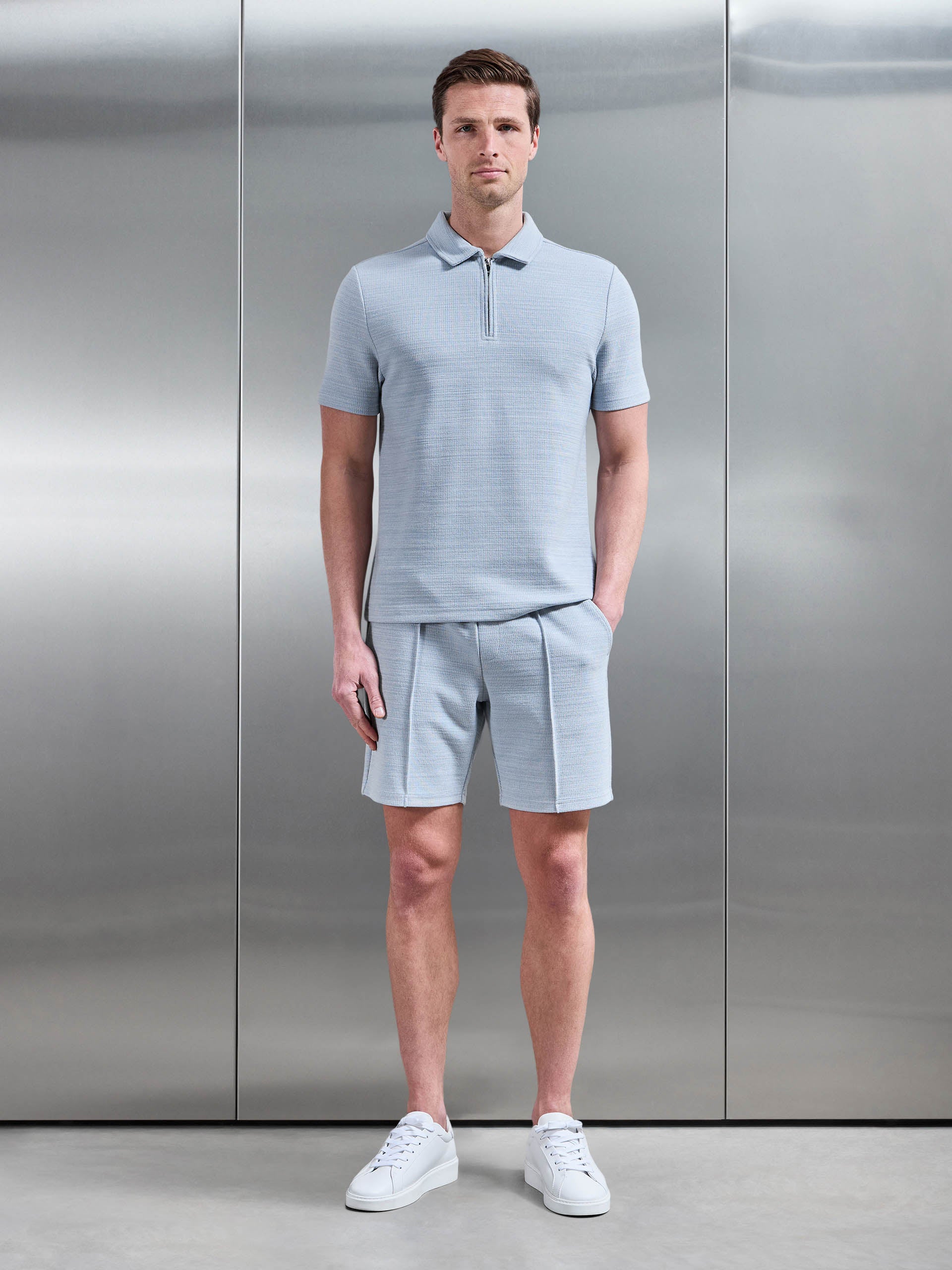 Cavour Textured Zip Polo Shirt in Soft Blue