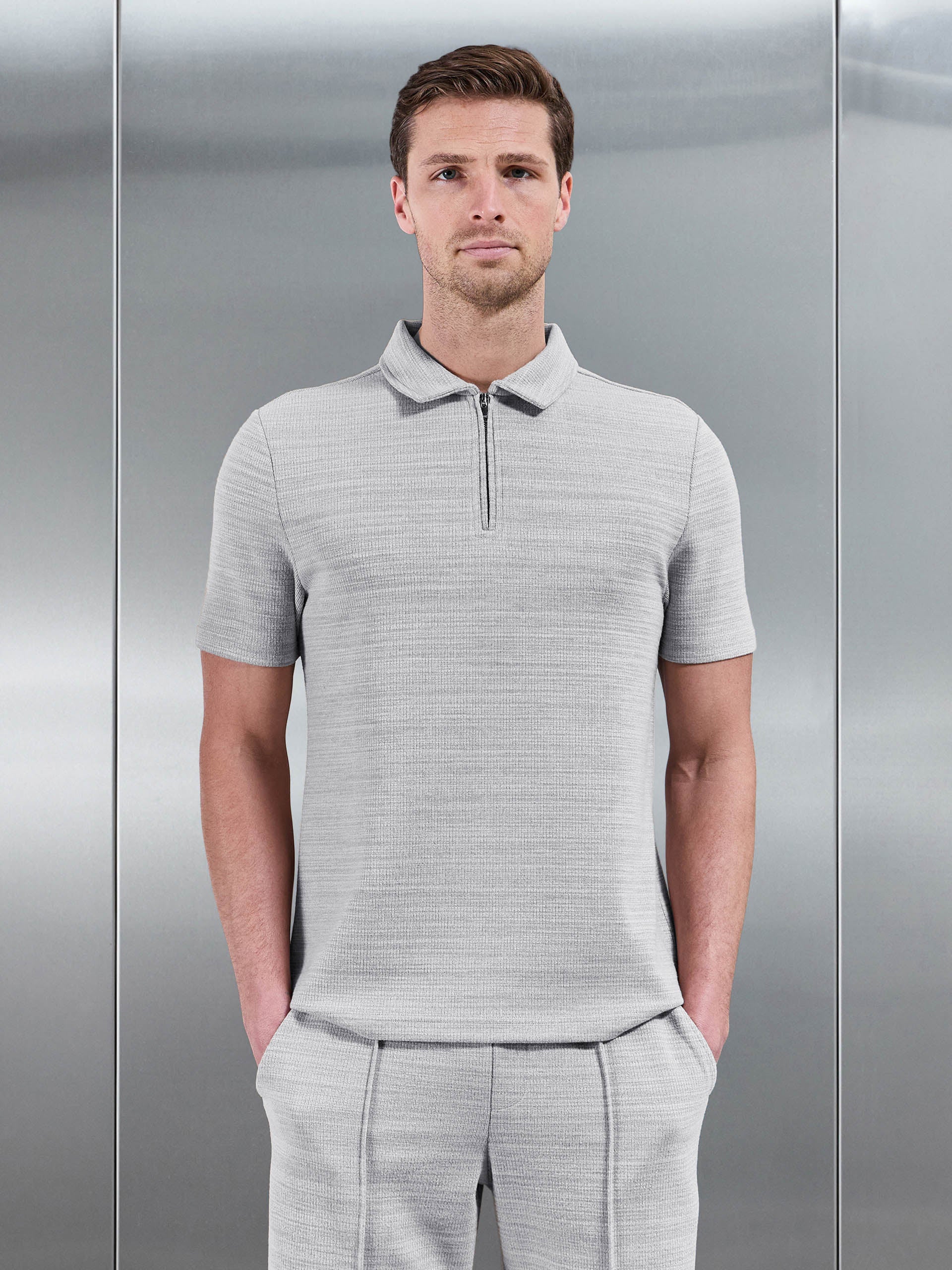 Cavour Textured Zip Polo Shirt in Stone