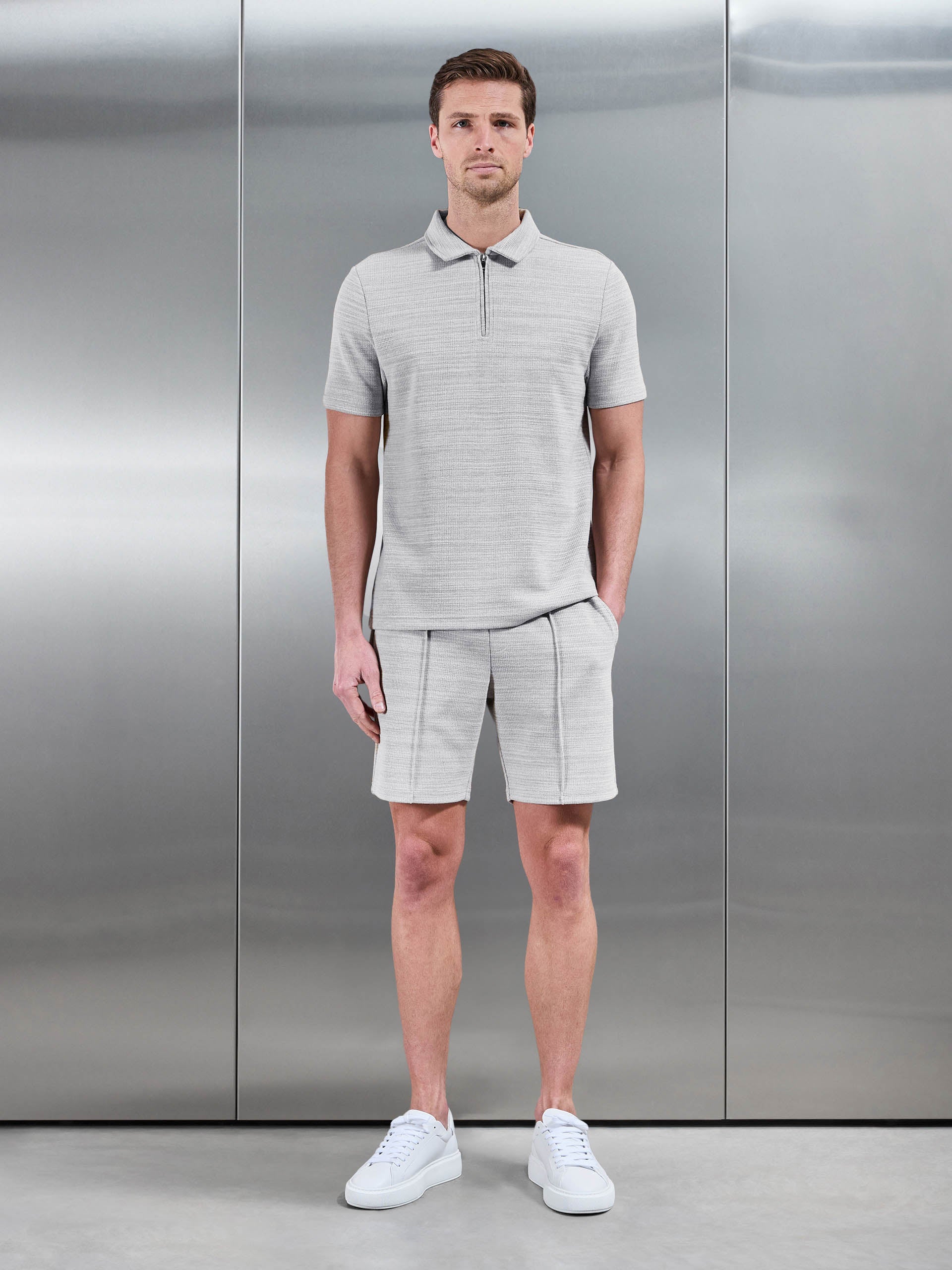 Cavour Textured Zip Polo Shirt in Stone