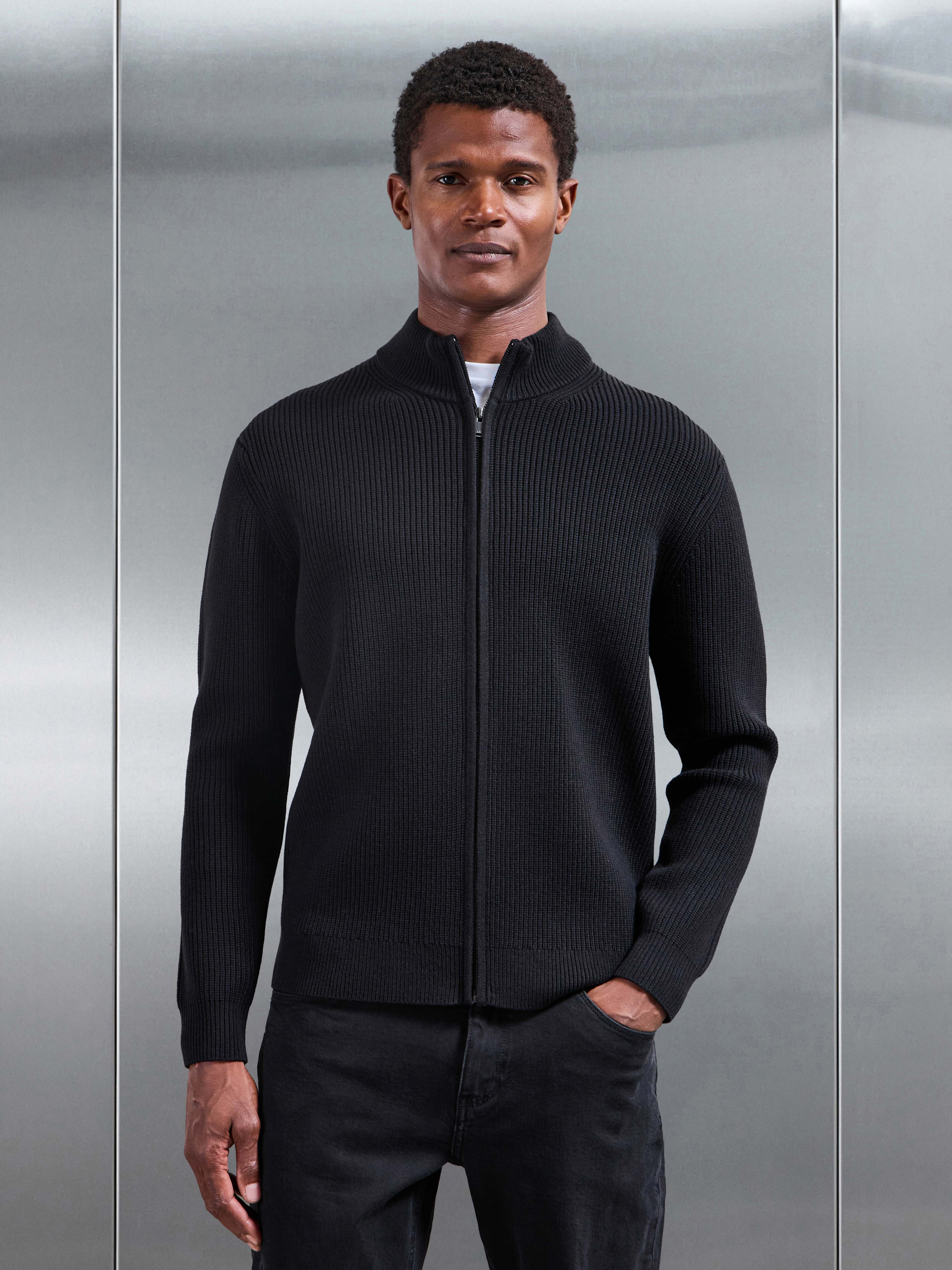 Chunky Ribbed Zip Jacket in Black