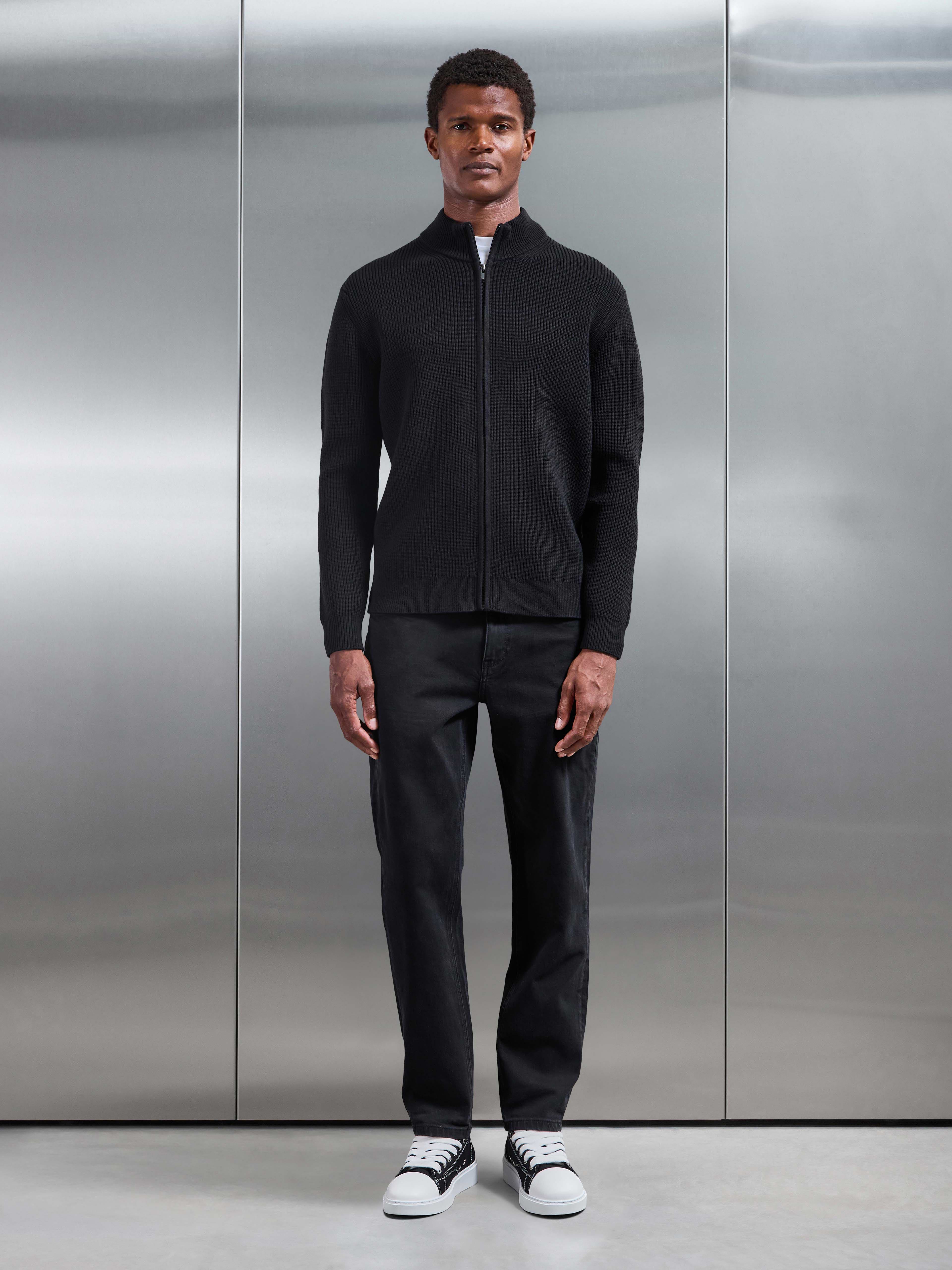 Chunky Ribbed Zip Jacket in Black