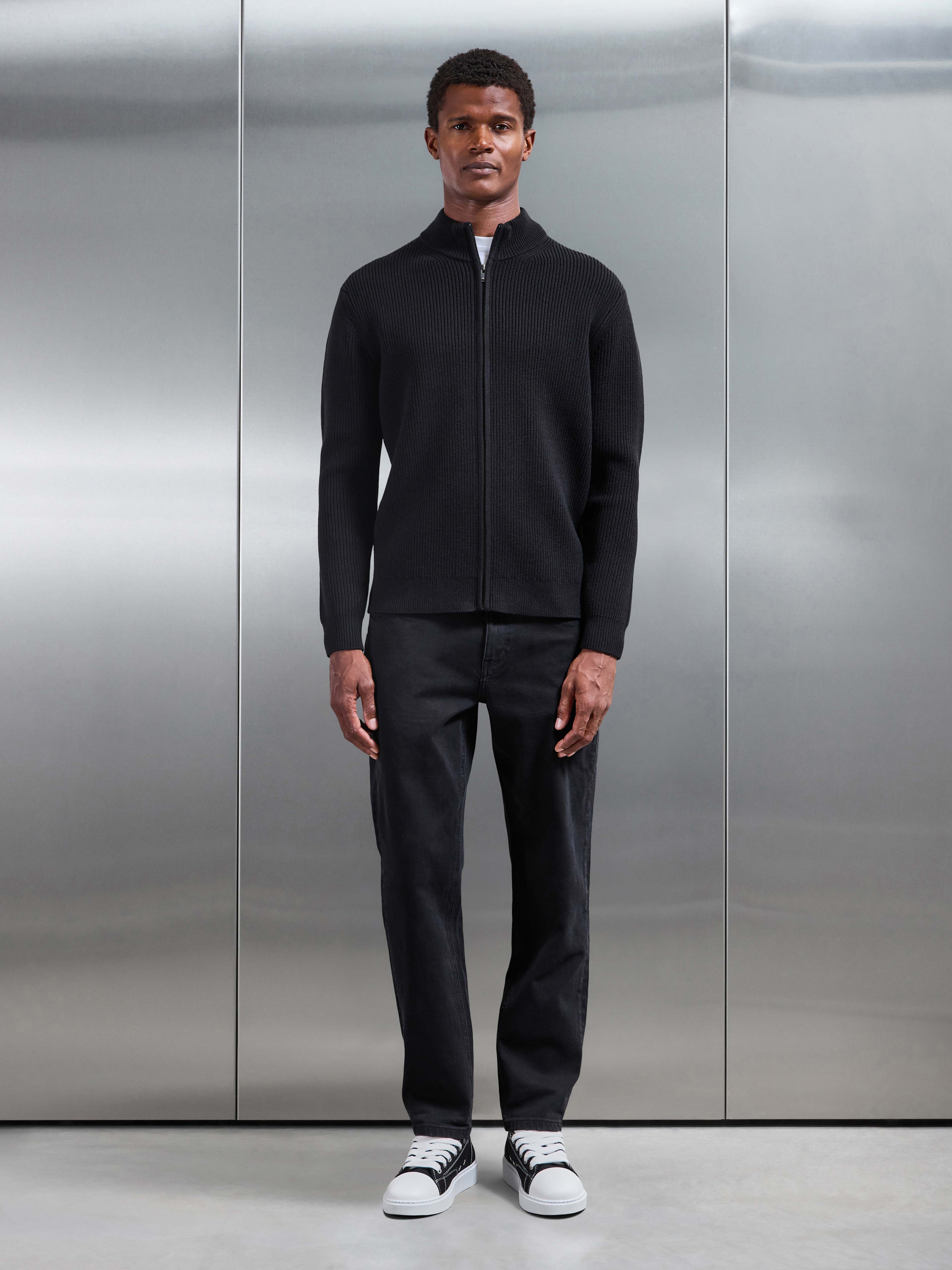 Chunky Ribbed Zip Jacket in Black