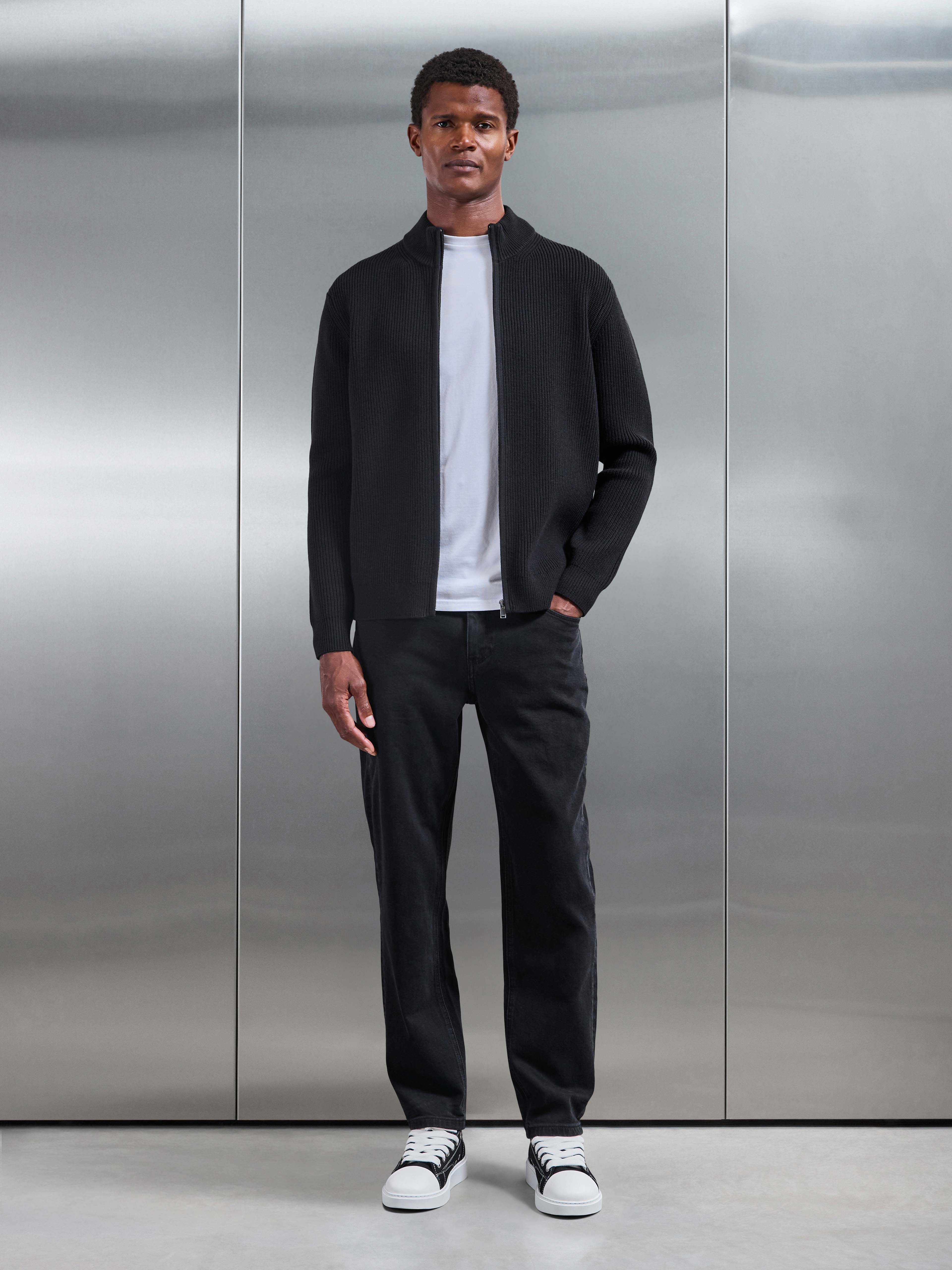Chunky Ribbed Zip Jacket in Black