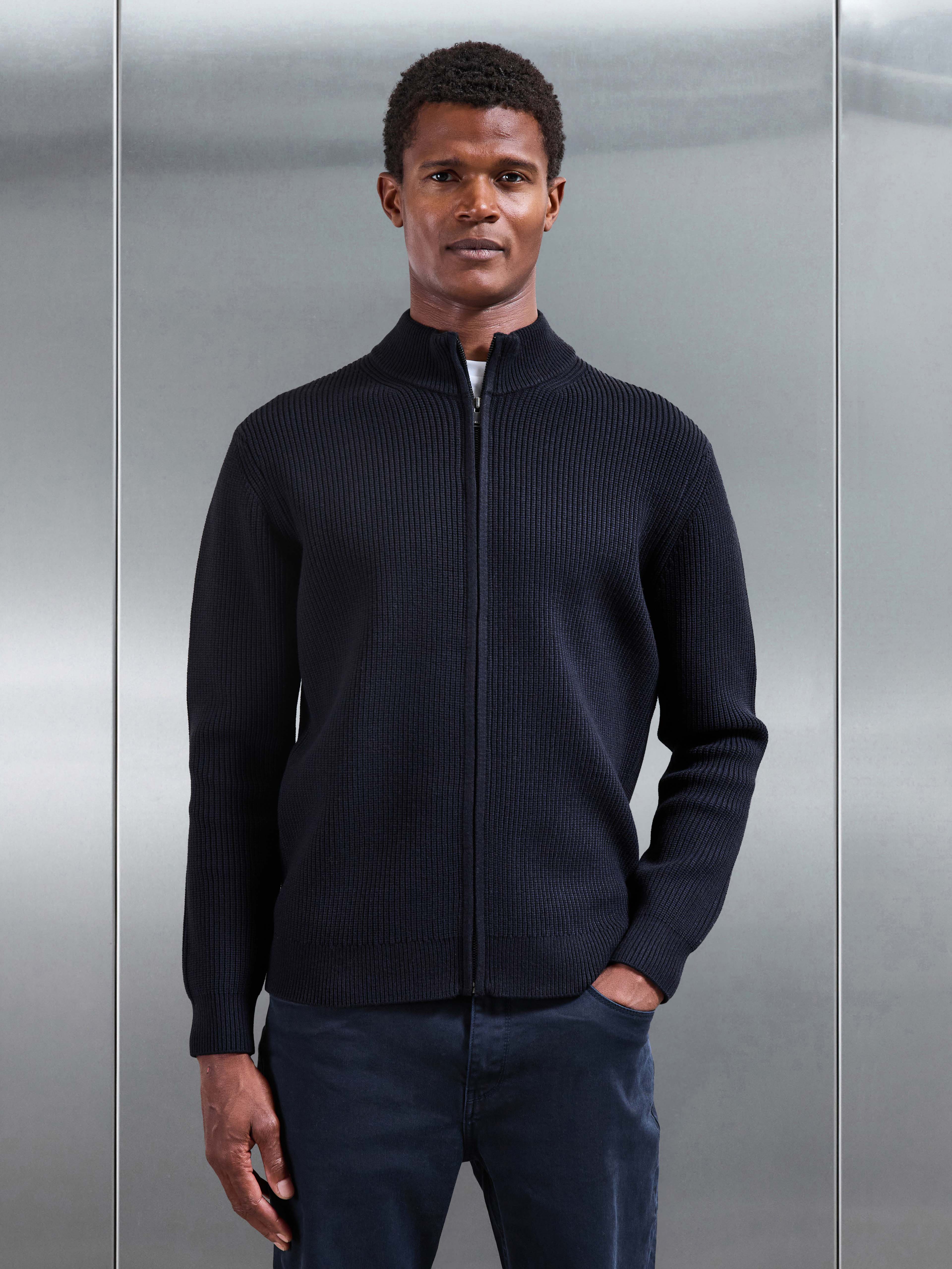 Chunky Ribbed Zip Jacket in Navy