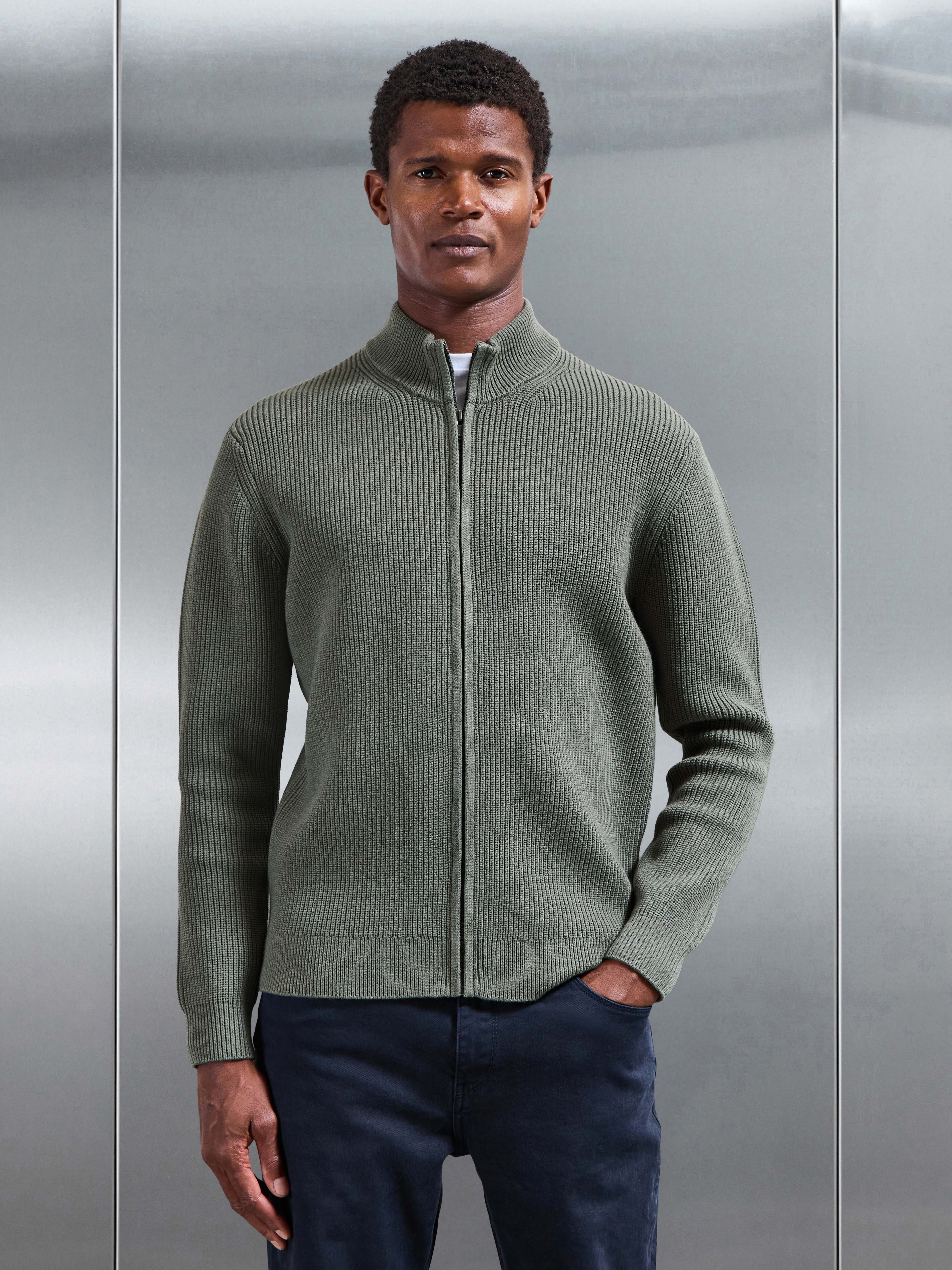 Chunky Ribbed Zip Jacket in Sage