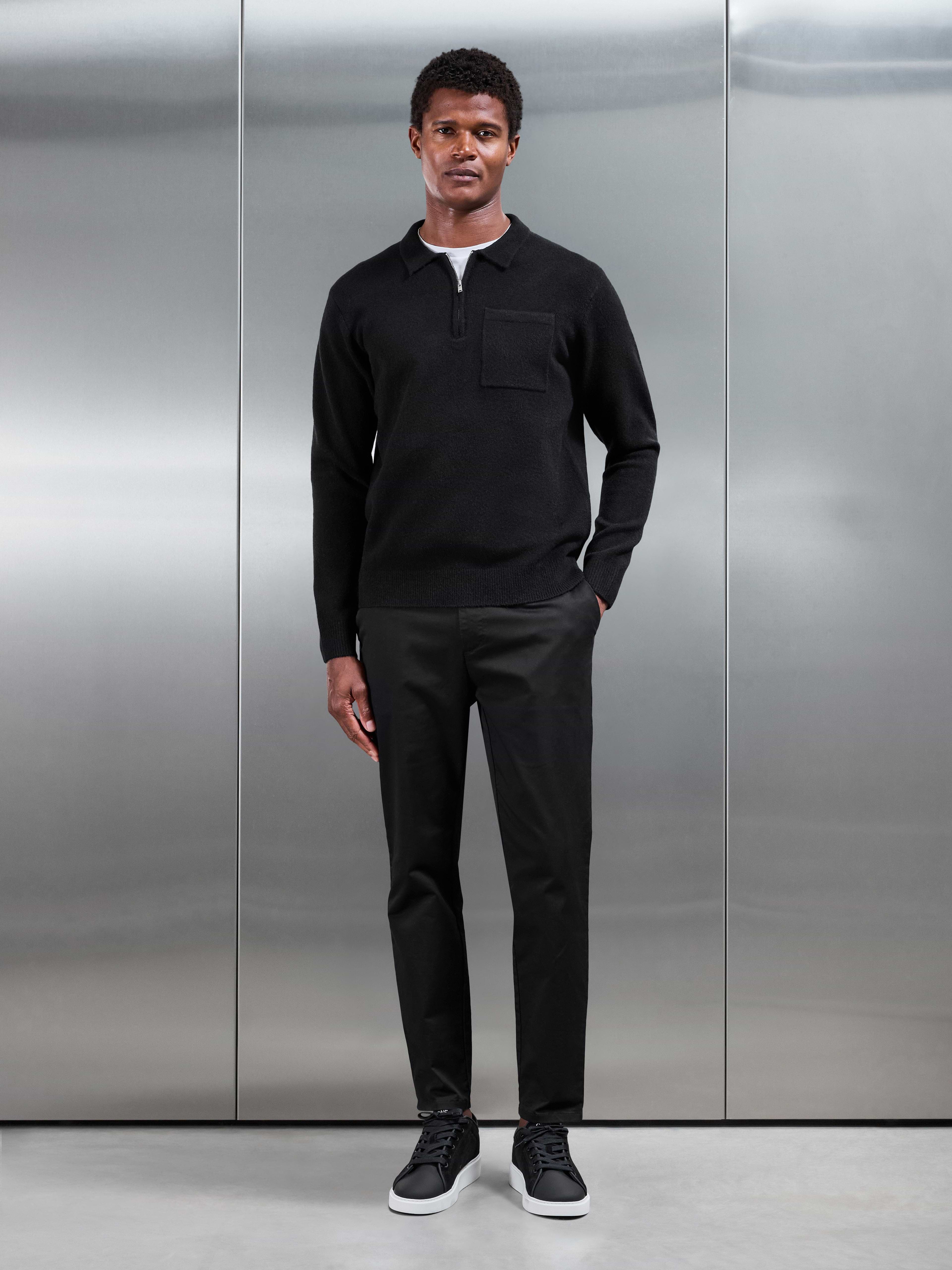 Chunky Wool Zip Polo Shirt in Black