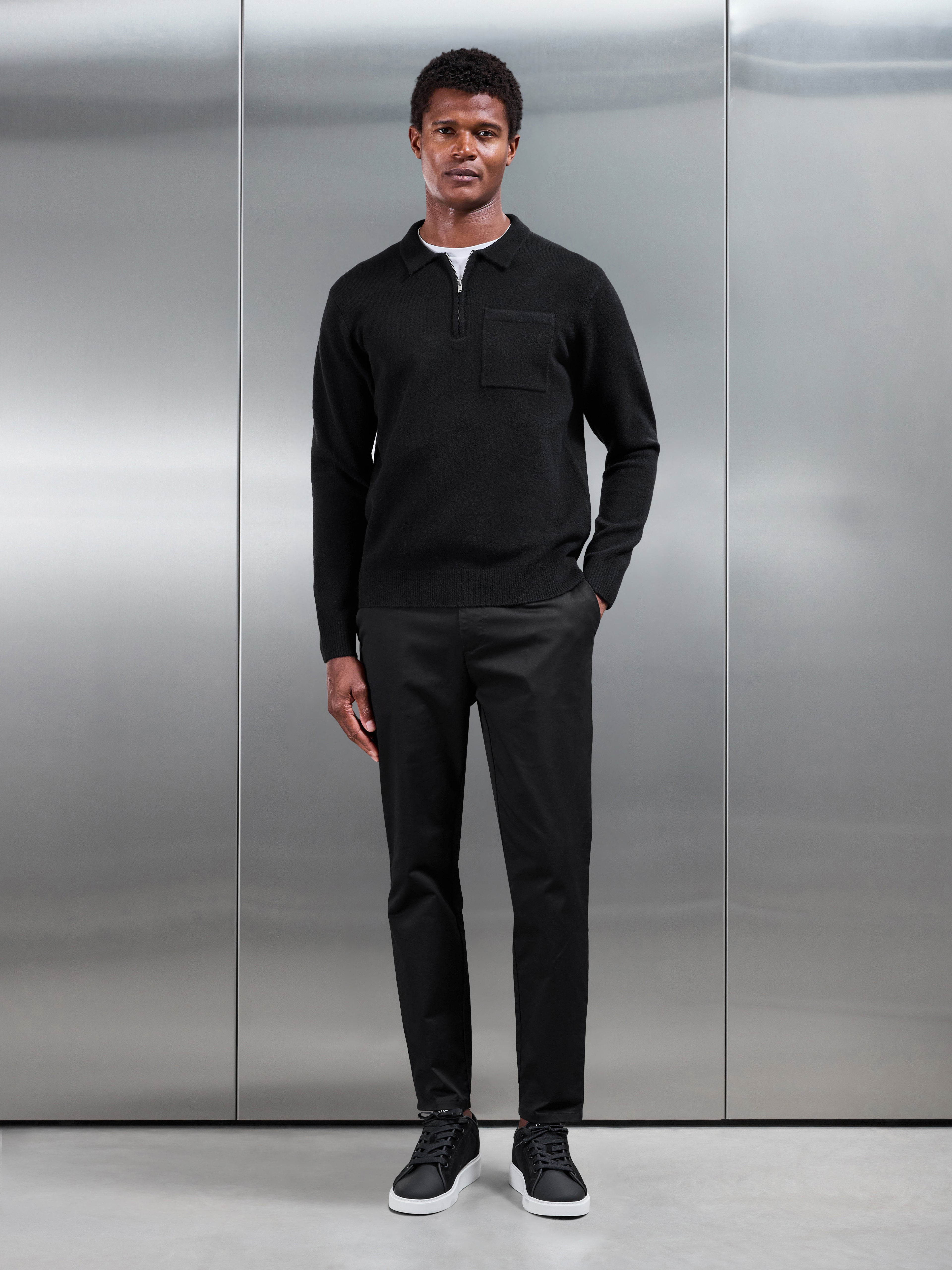Chunky Wool Zip Polo Shirt in Black