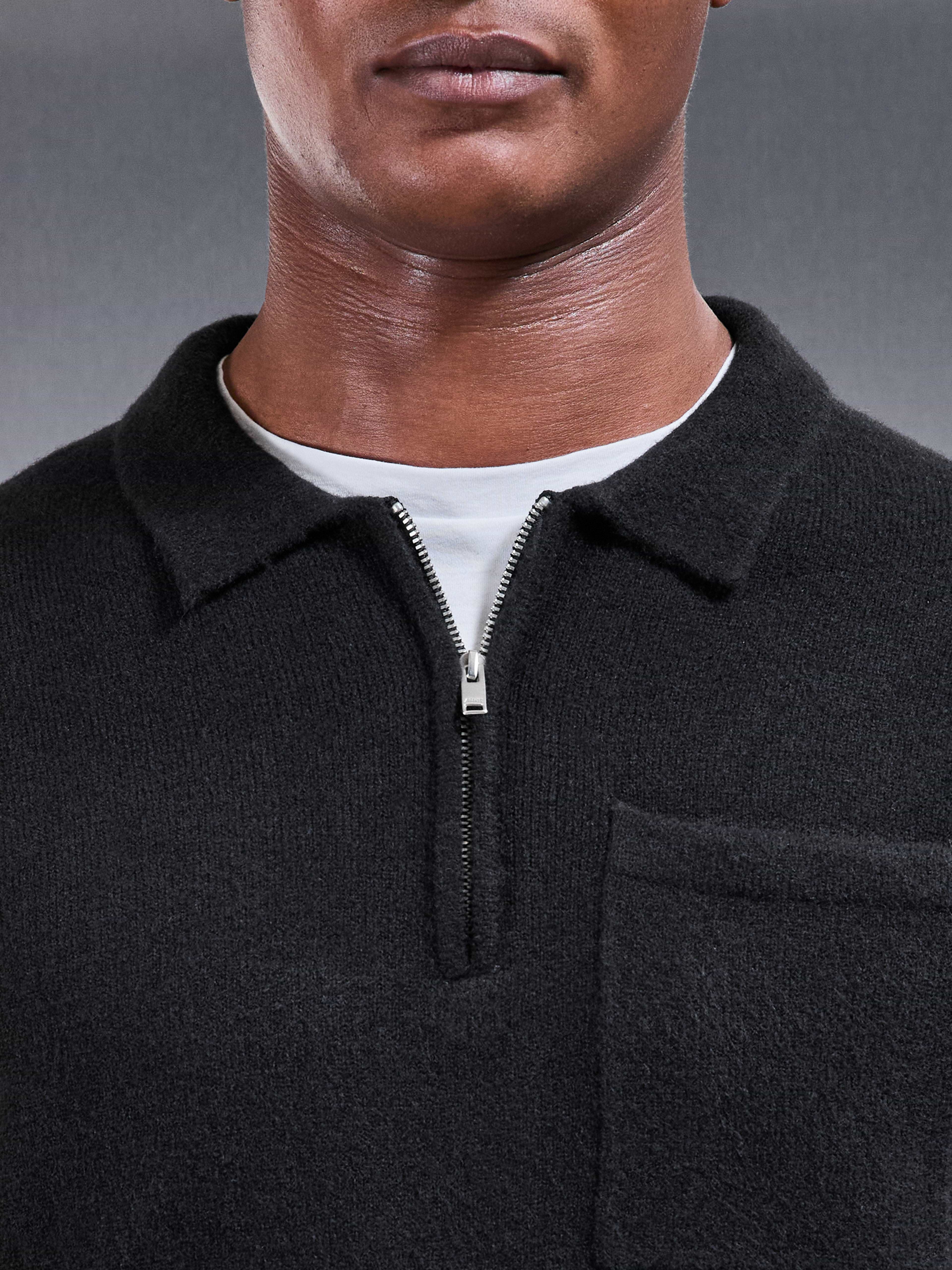 Chunky Wool Zip Polo Shirt in Black