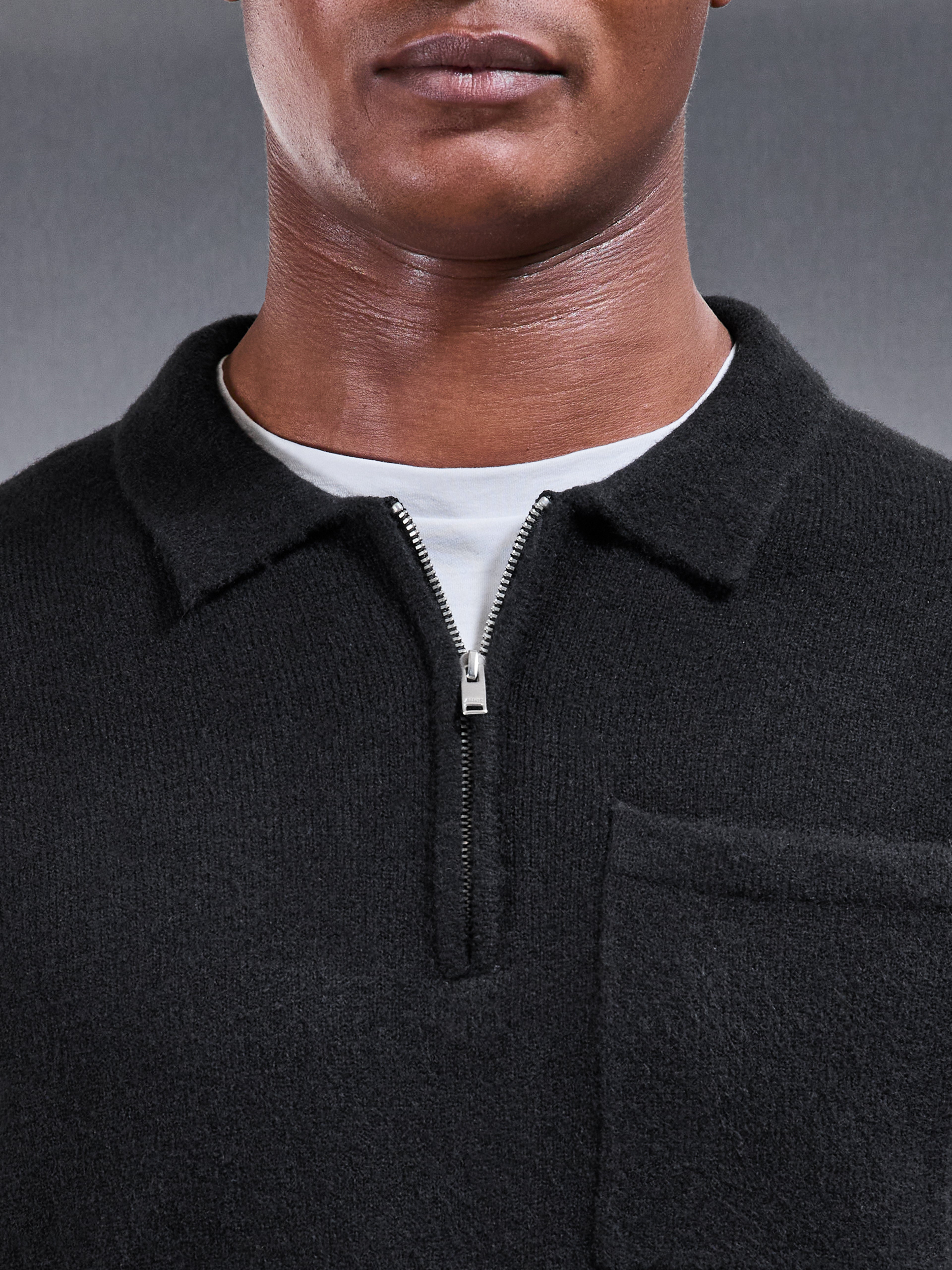 Chunky Wool Zip Polo Shirt in Black
