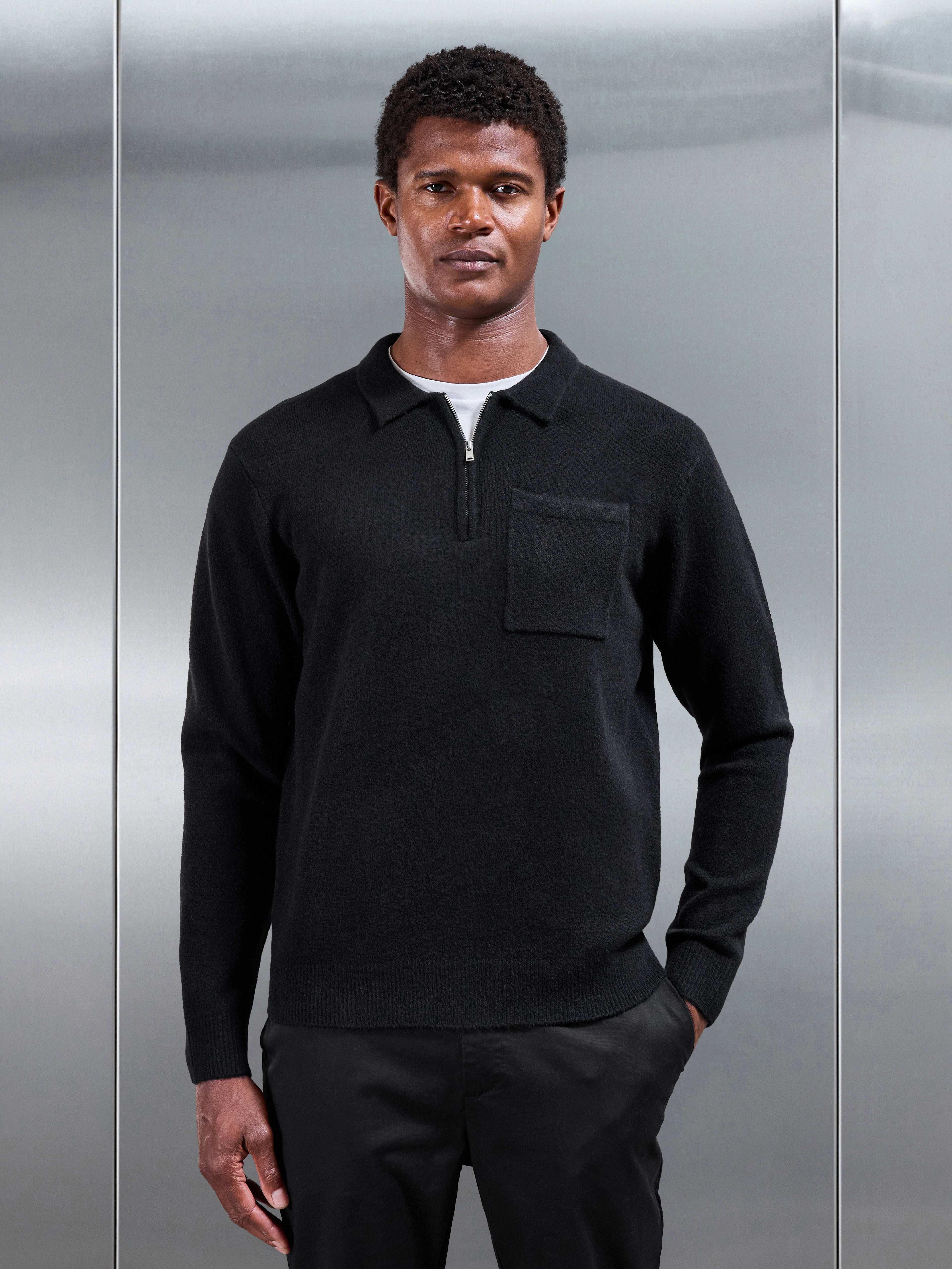 Chunky Wool Zip Polo Shirt in Black