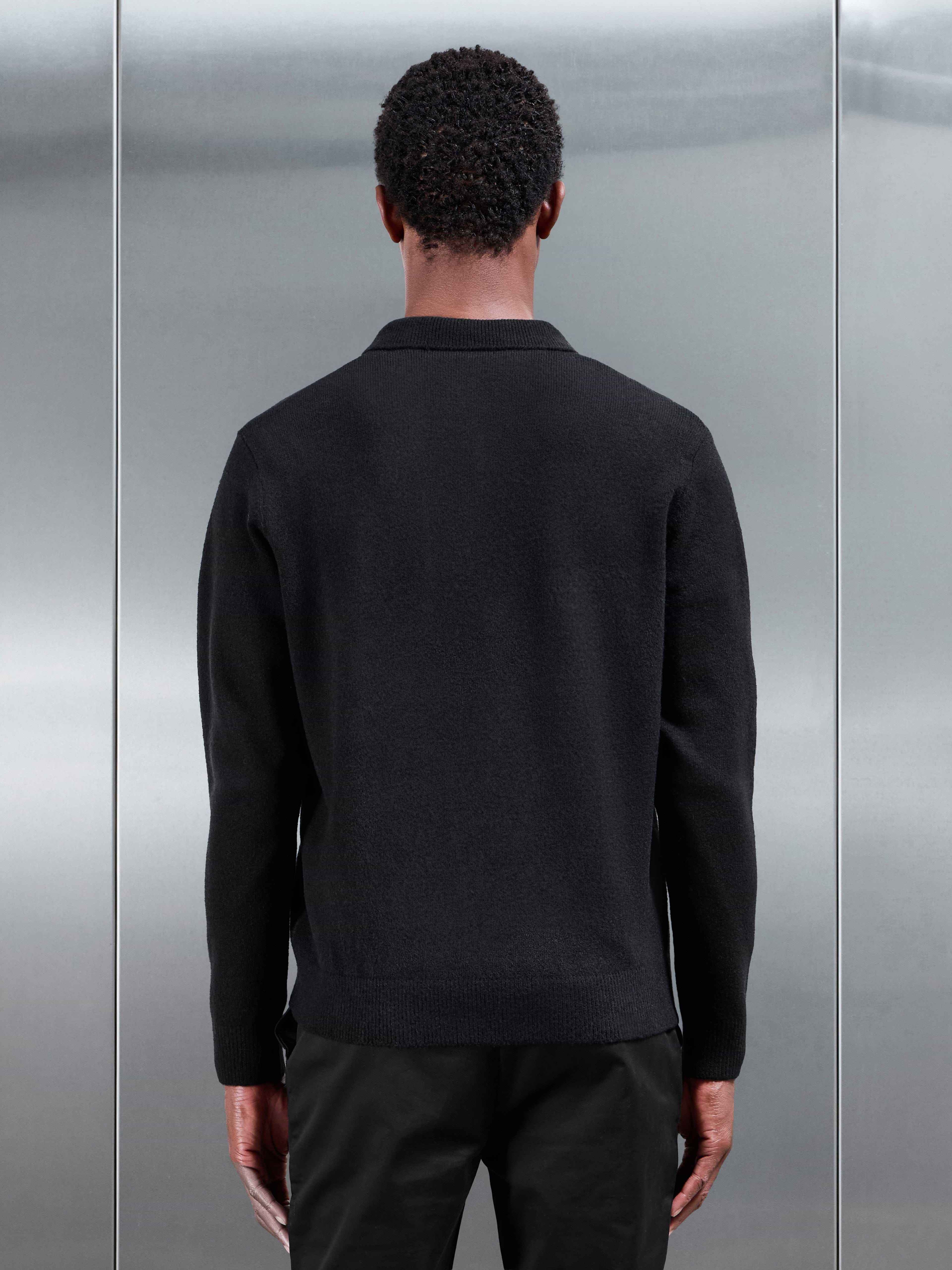 Chunky Wool Zip Polo Shirt in Black