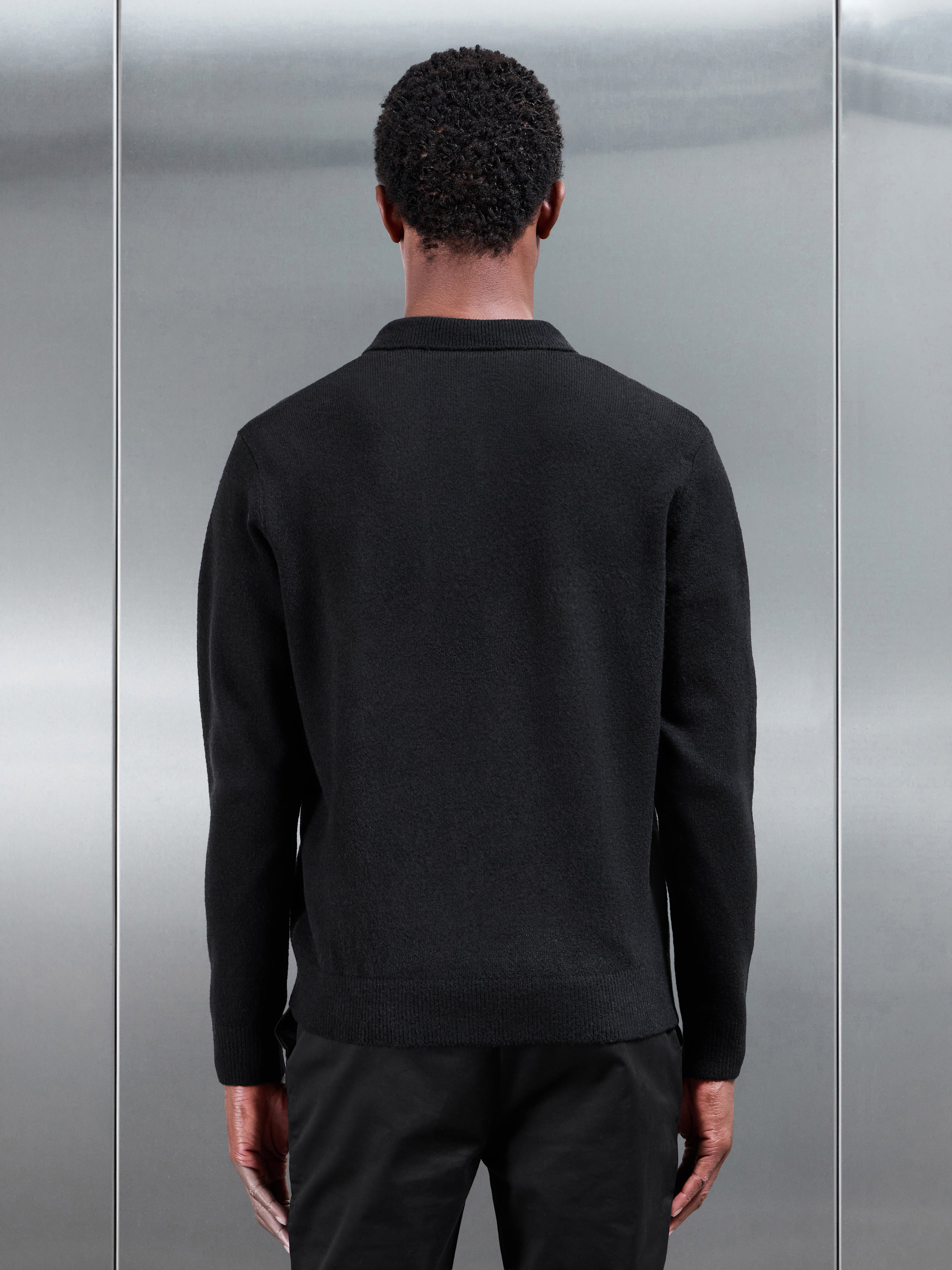 Chunky Wool Zip Polo Shirt in Black