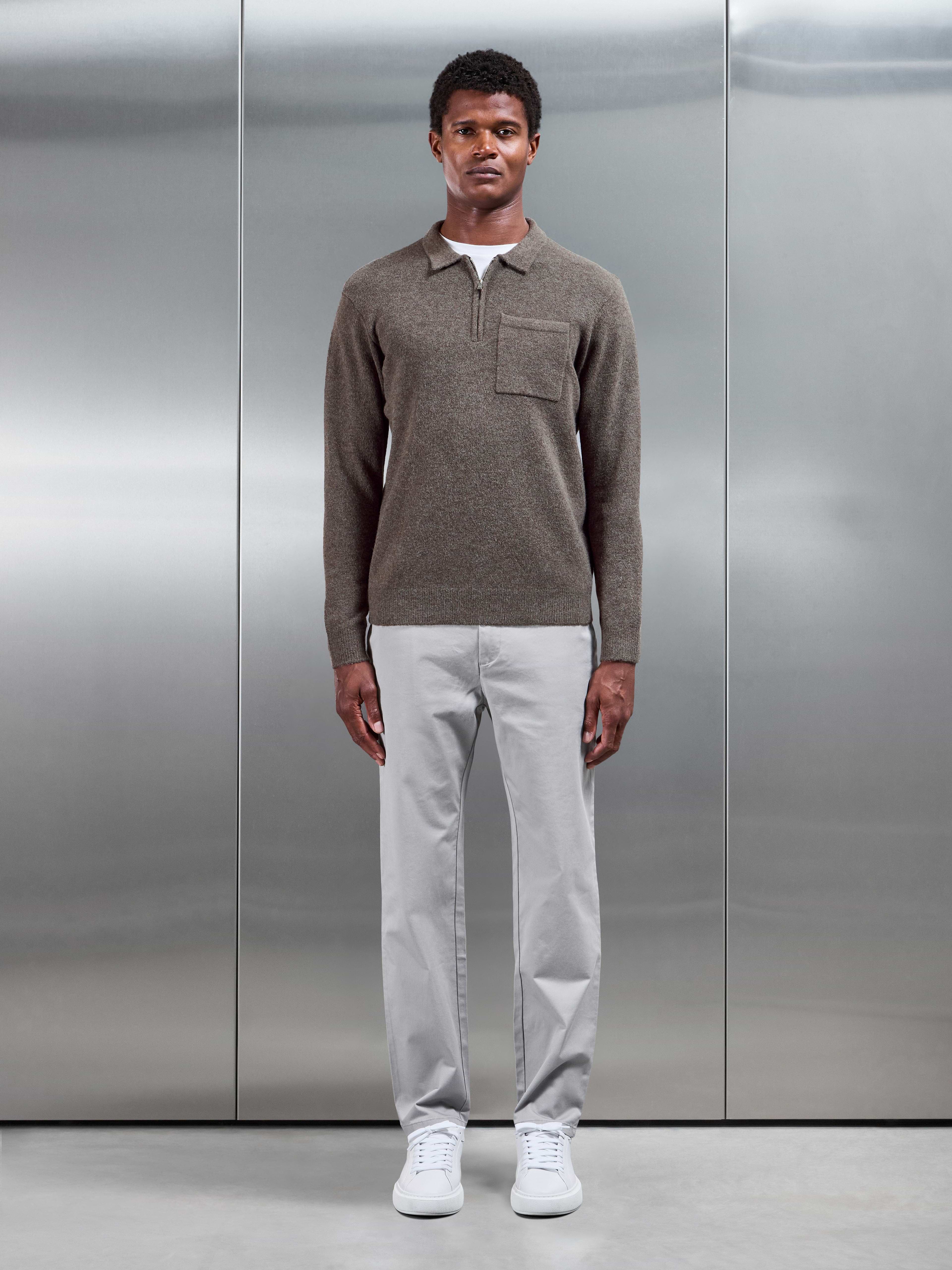 Chunky Wool Zip Polo Shirt in Brown Marl