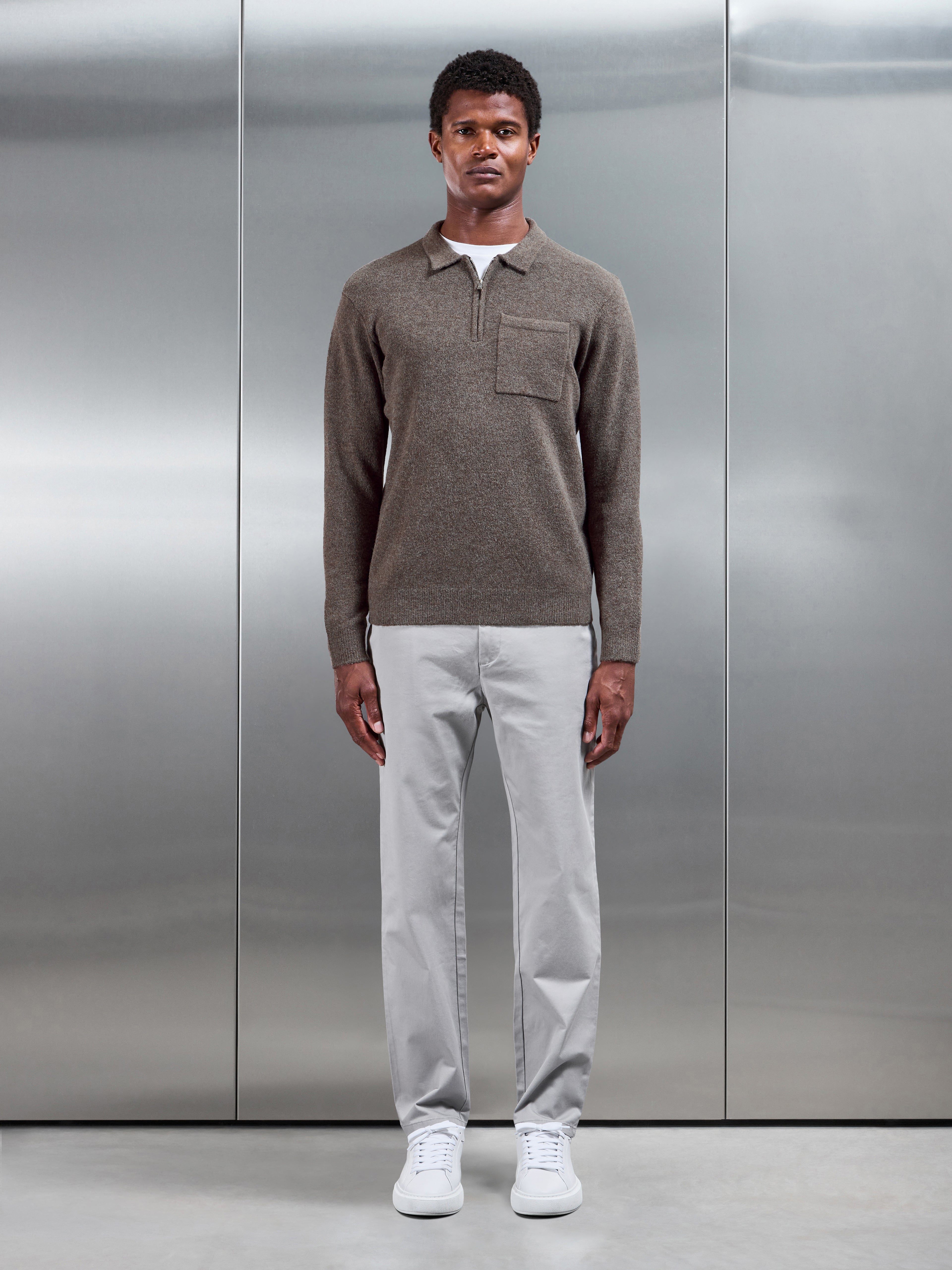 Chunky Wool Zip Polo Shirt in Brown Marl