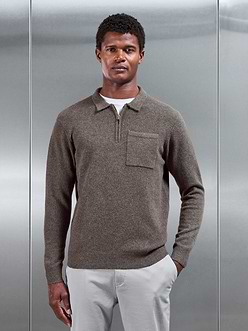 Chunky Wool Zip Polo Shirt in Brown Marl