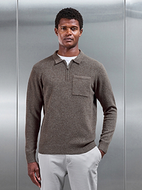 Chunky Wool Zip Polo Shirt in Brown Marl
