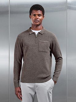 Chunky Wool Zip Polo Shirt in Brown Marl