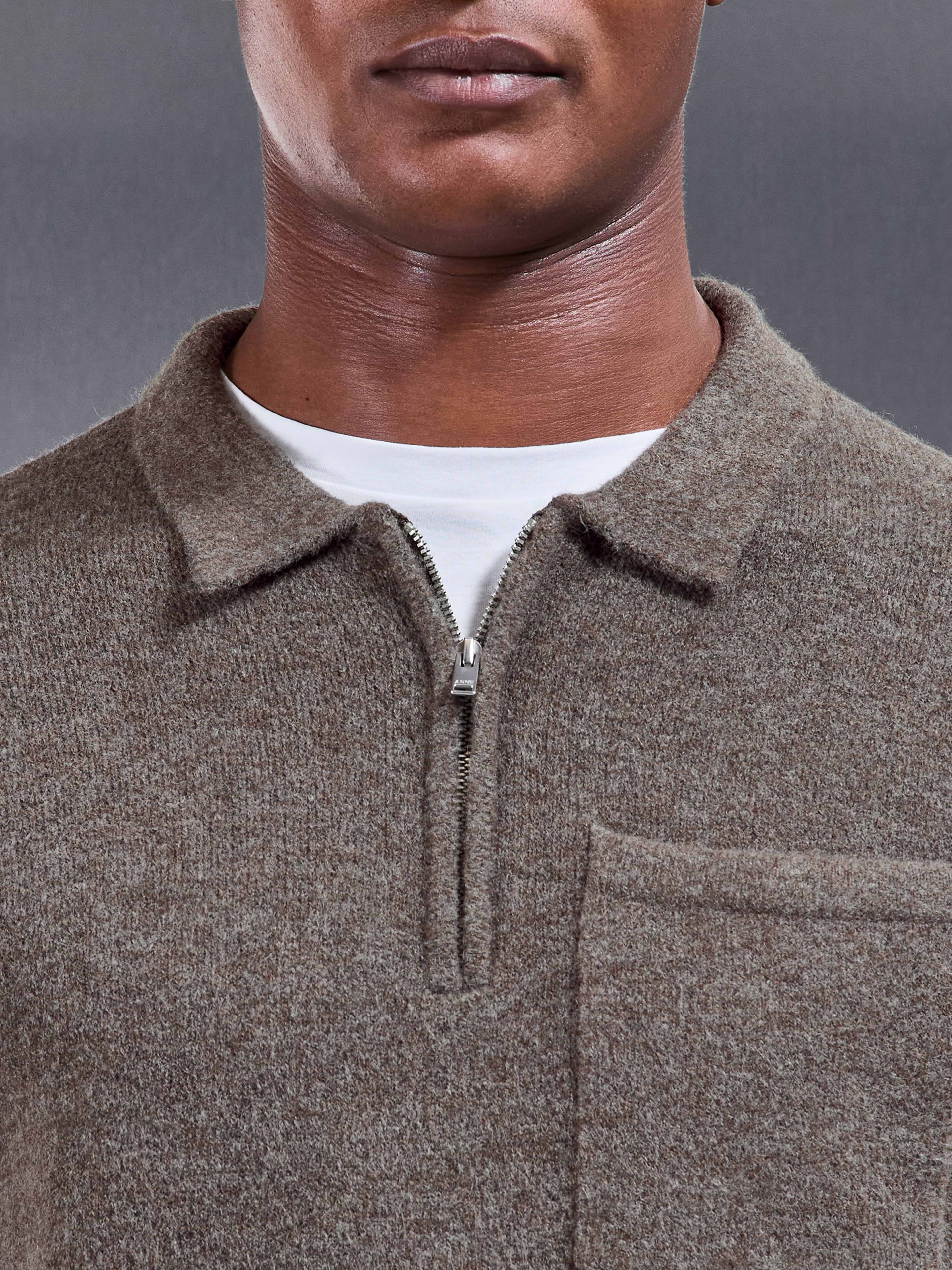 Chunky Wool Zip Polo Shirt in Brown Marl