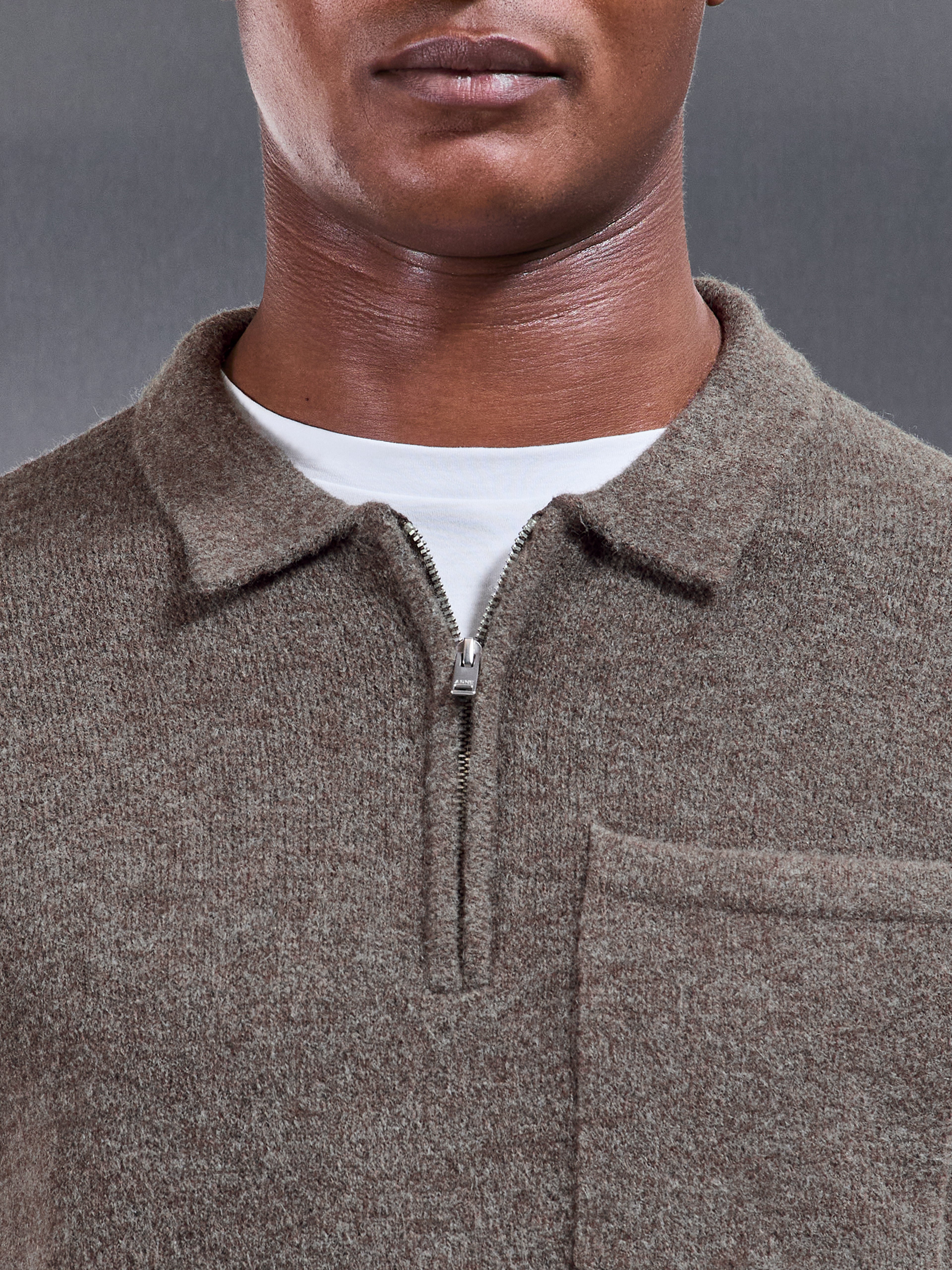 Chunky Wool Zip Polo Shirt in Brown Marl