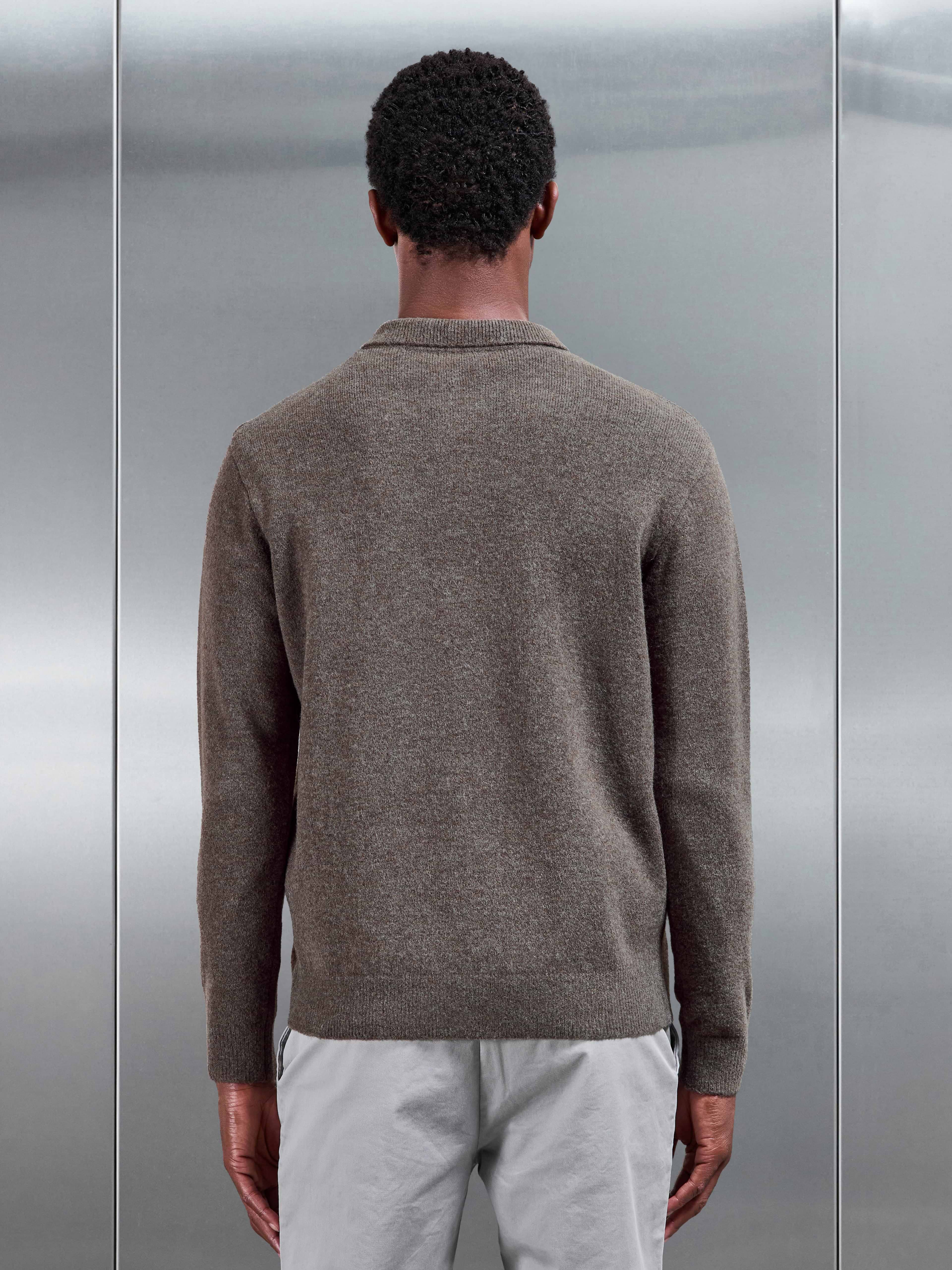 Chunky Wool Zip Polo Shirt in Brown Marl