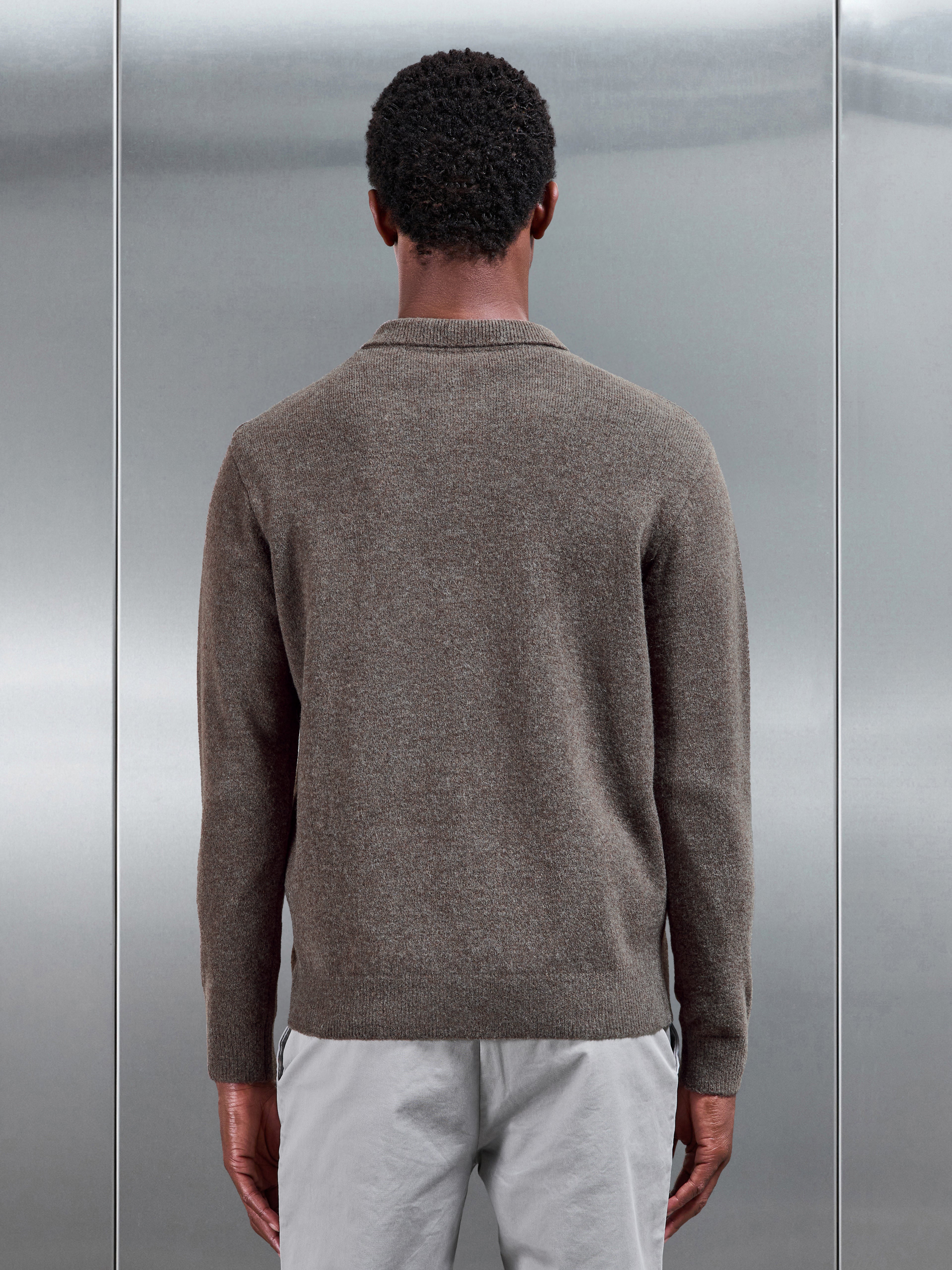 Chunky Wool Zip Polo Shirt in Brown Marl