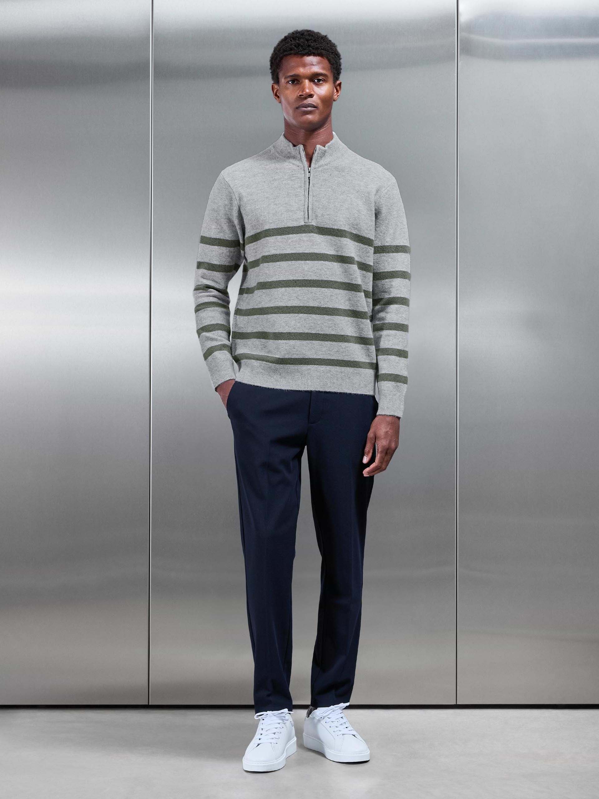 Chunky Wool Stripe Half Zip in Marl Grey