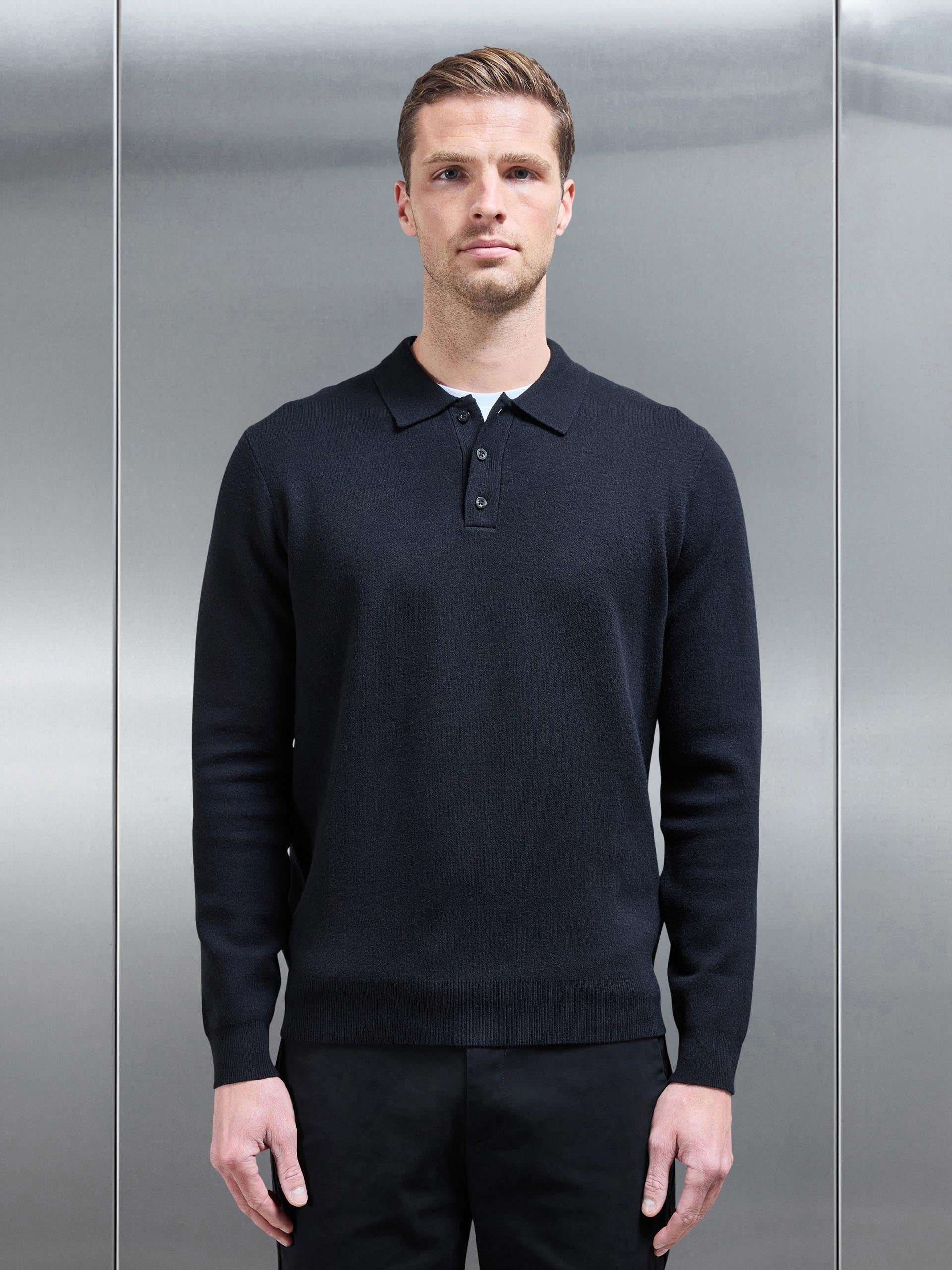 Chunky Knitted Polo Shirt in Black