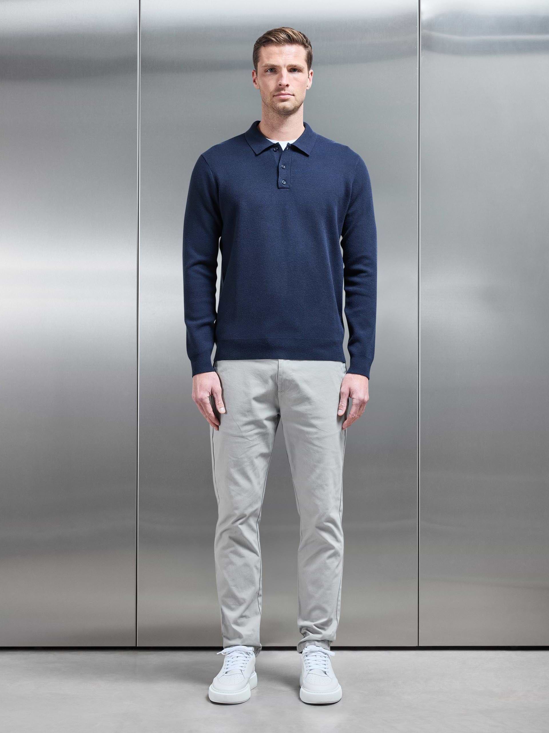 Chunky Knitted Polo Shirt in Navy