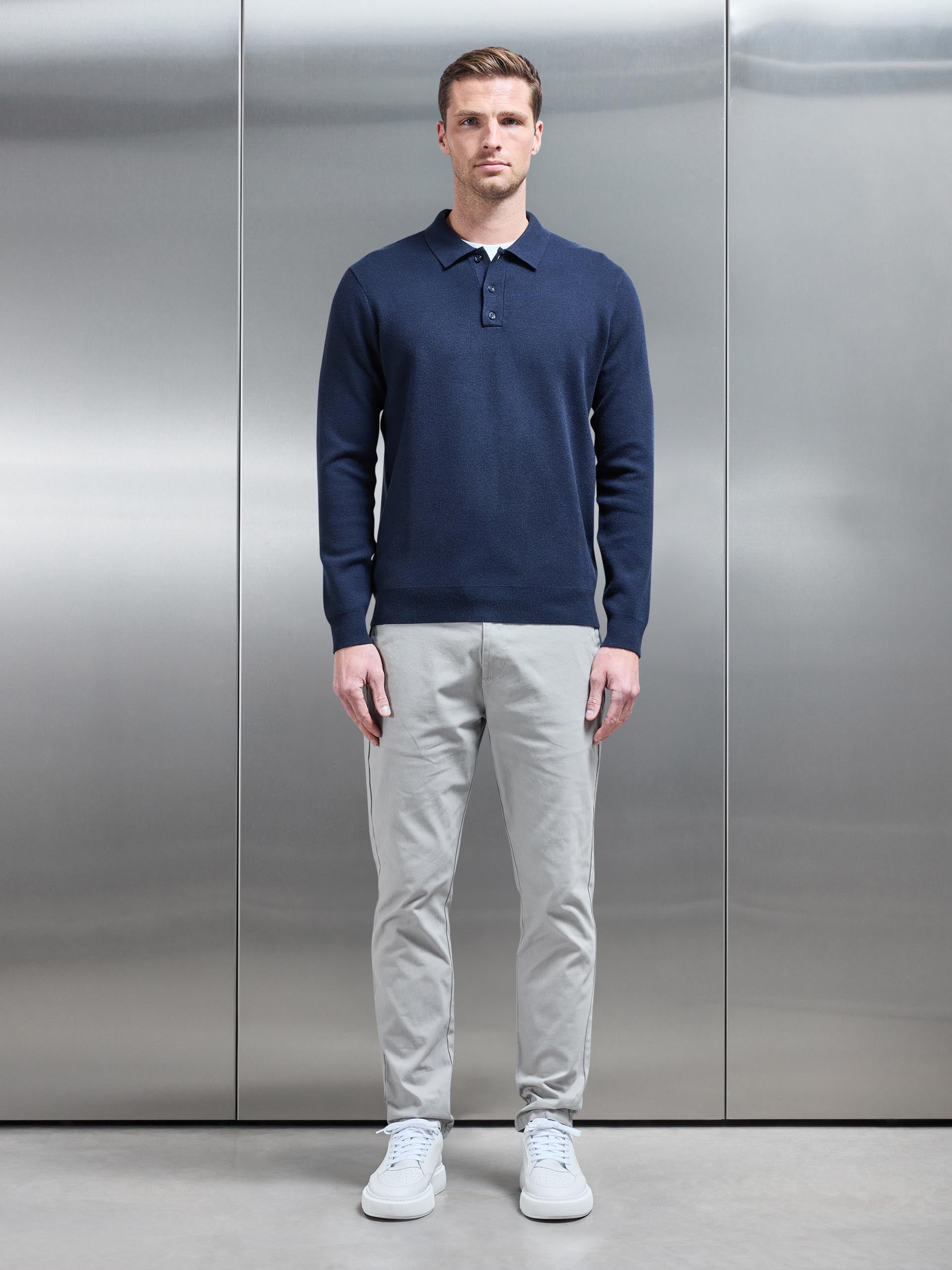 Chunky Knitted Polo Shirt in Navy