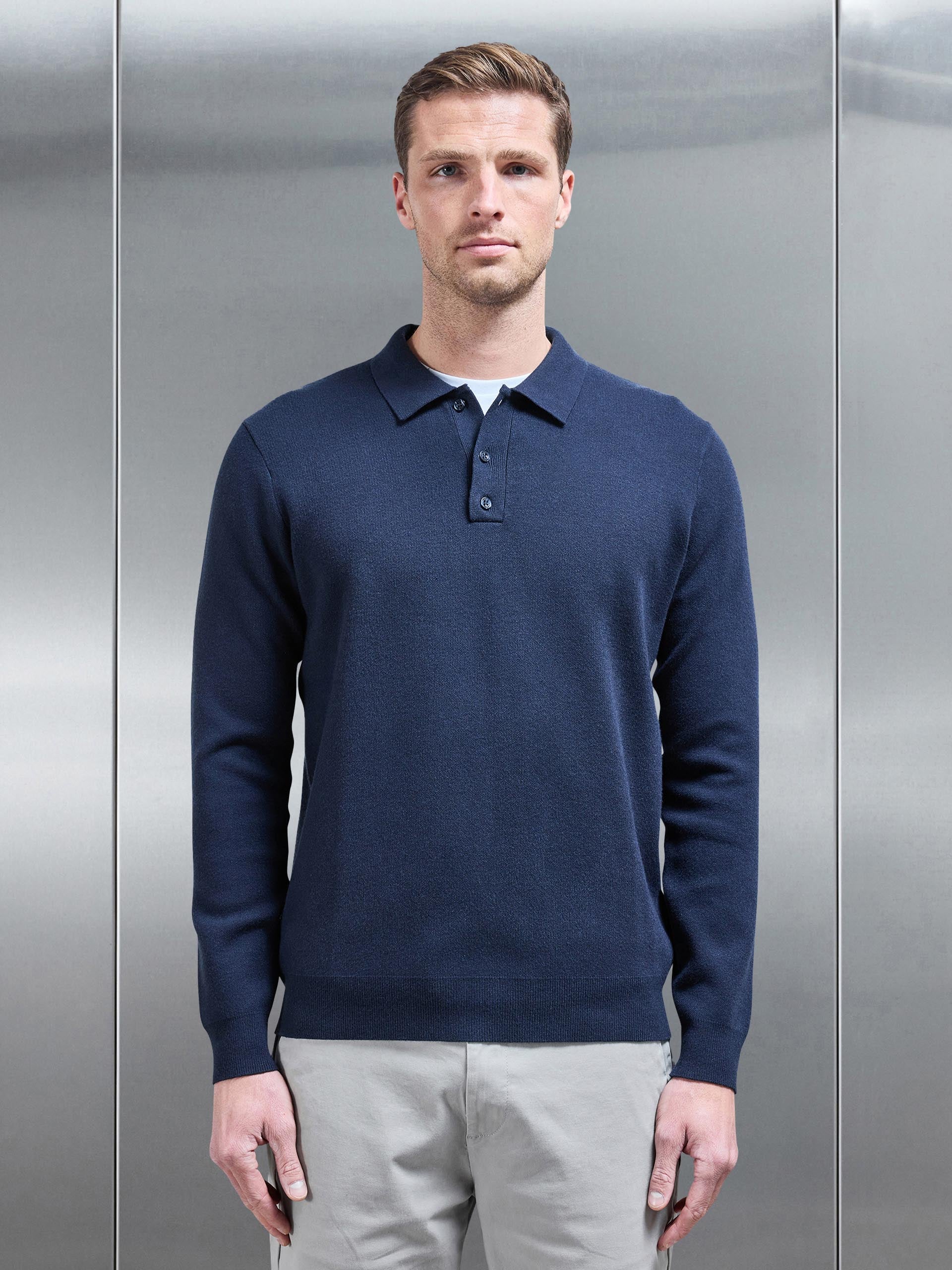 Chunky Knitted Polo Shirt in Navy