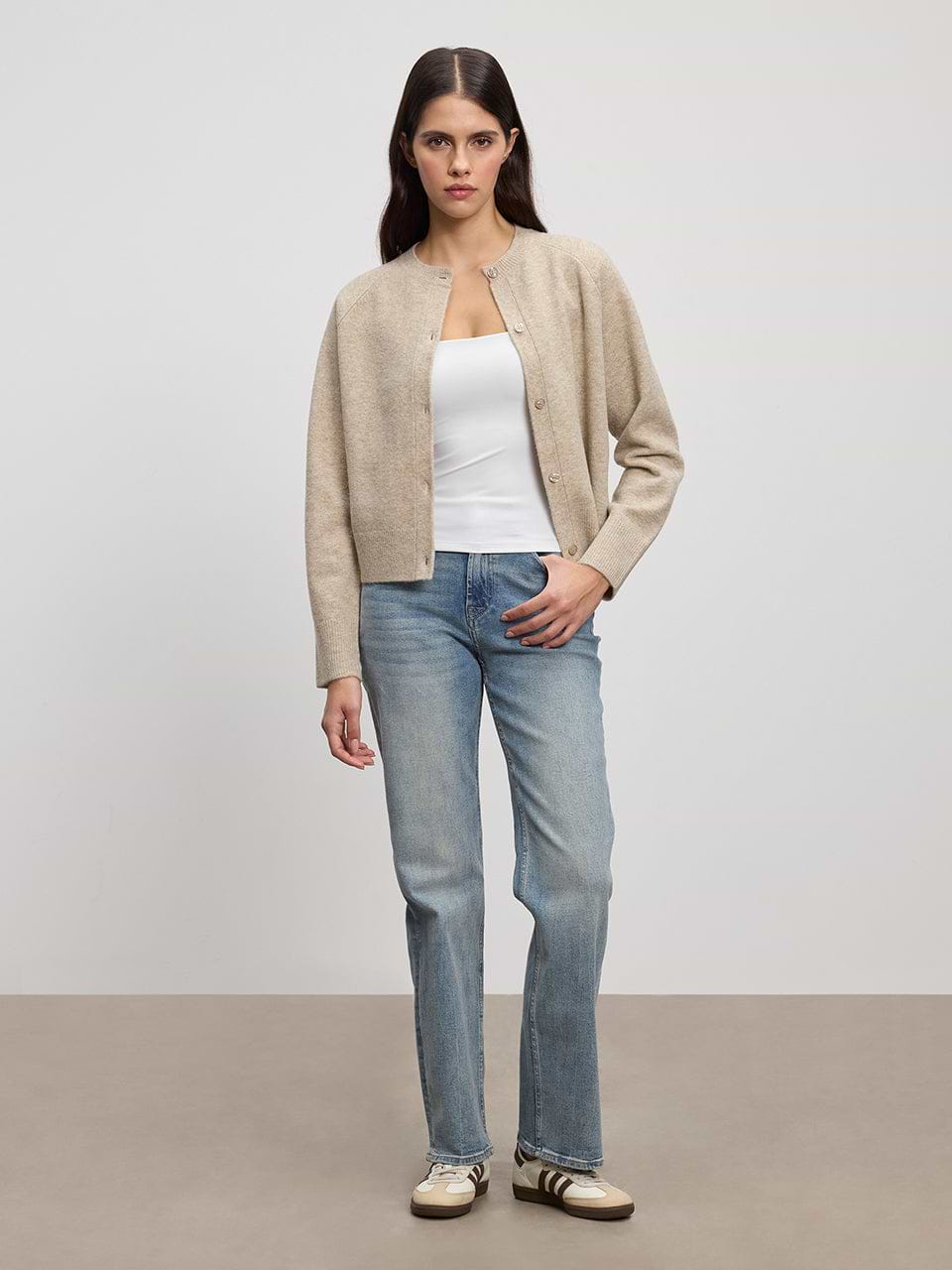 Womens Chunky Knitted Cardigan in Stone