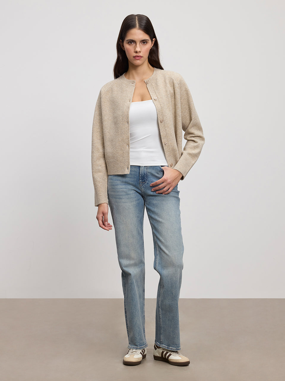 Womens Chunky Knitted Cardigan in Stone