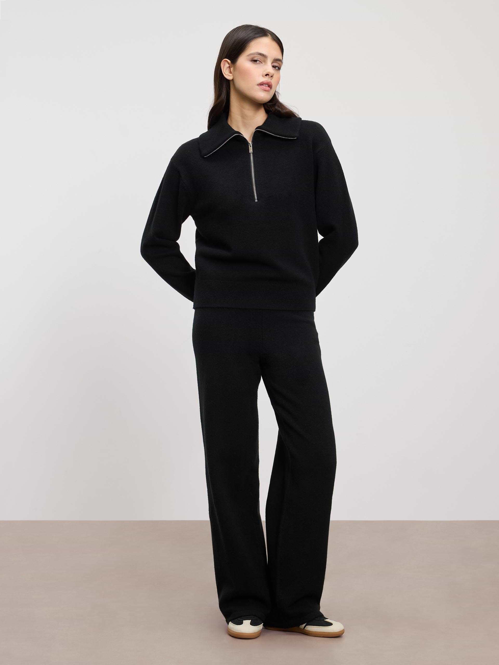 Womens Chunky Wool Half Zip in Black